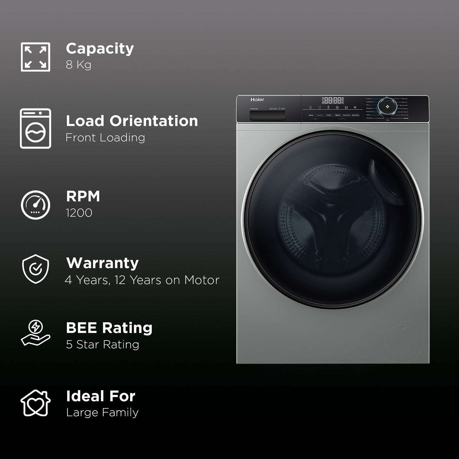 Haier 8 kg 5 Star Inverter Fully Automatic Front Load Washing Machine (HW80-IM12929CS3, Steam Wash Technology, Ore Silver)_2