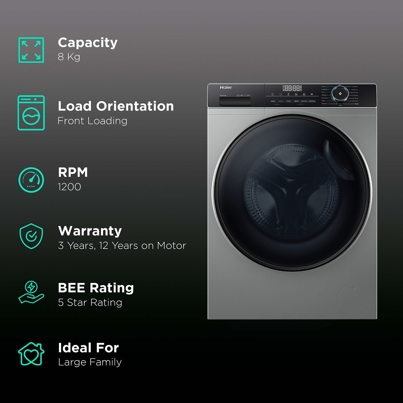 Haier 8 kg 5 Star Inverter Fully Automatic Front Load Washing Machine (HW80-IM12929CS3, Steam Wash Technology, Ore Silver)_2