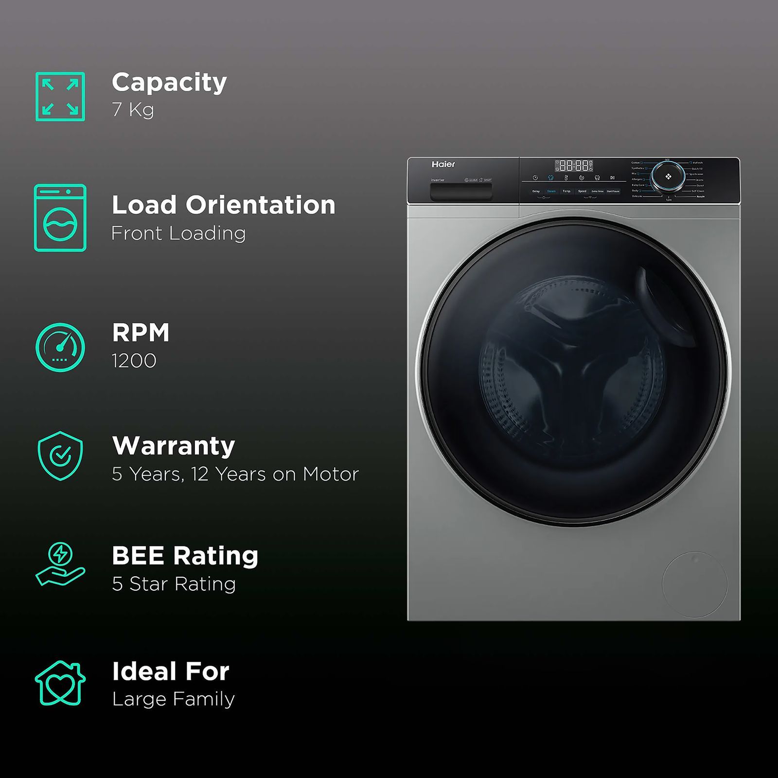 Haier 7 kg 5 Star Inverter Fully Automatic Front Load Washing Machine (HW70-IM12929CS3, Steam Wash Technology, Ore Silver)_2