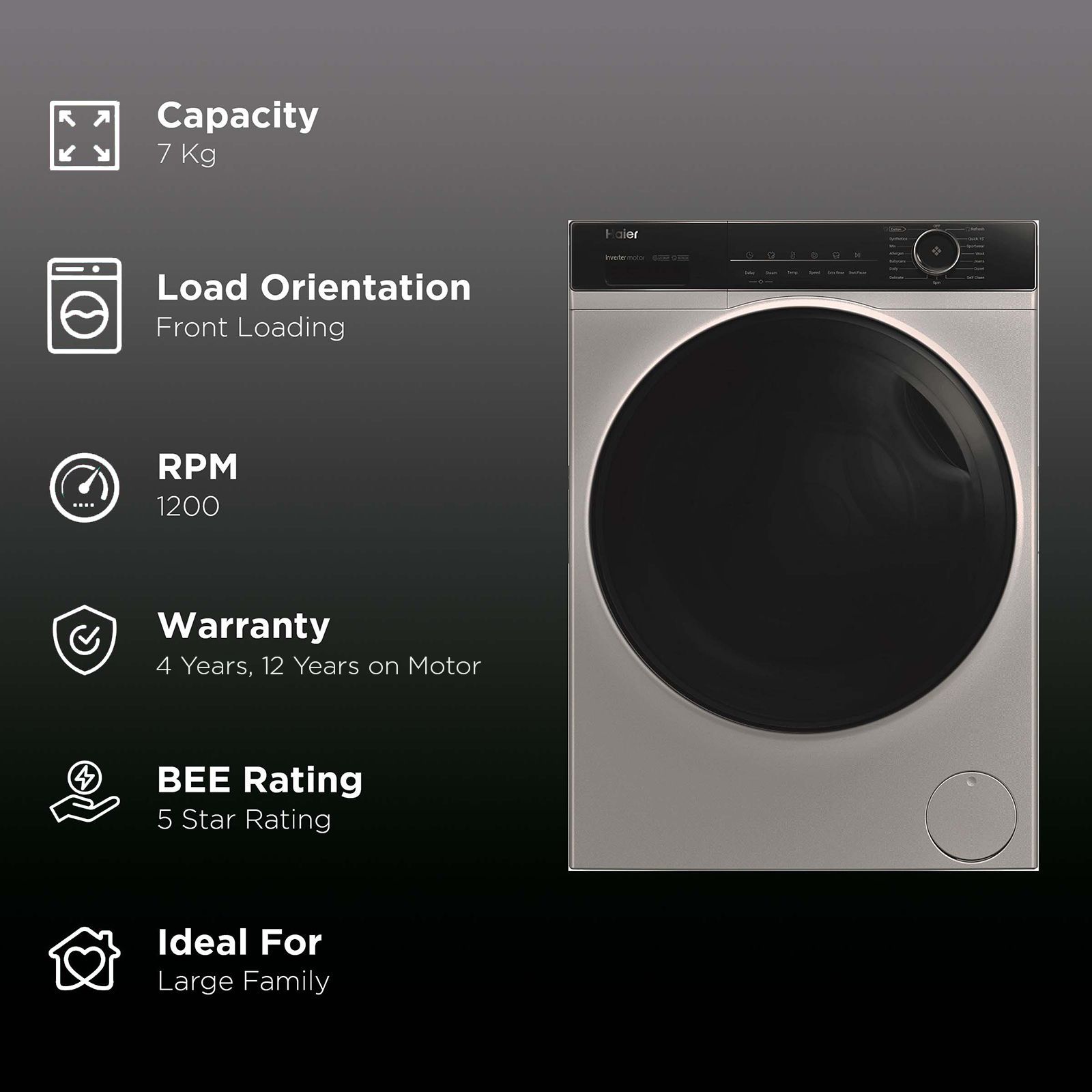 Haier 7 kg 5 Star Inverter Fully Automatic Front Load Washing Machine (HW70-IM12929CS3, Steam Wash Technology, Ore Silver)_2