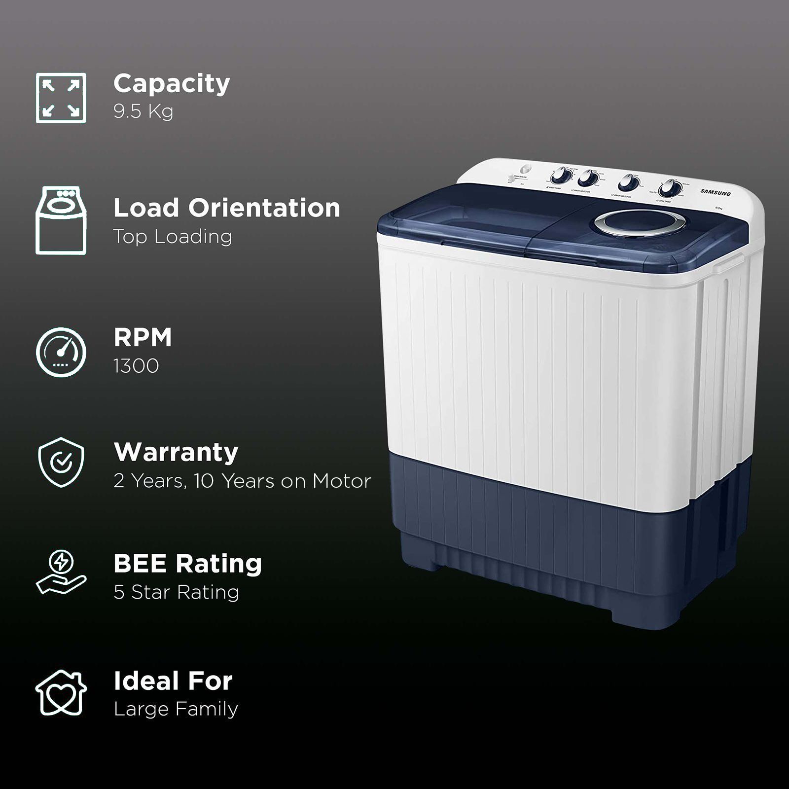 SAMSUNG 9.5 kg 5 Star Semi Automatic Washing Machine with Magic Filter (WT95A4200LL/TL, Light Grey/Royal Blue)_2