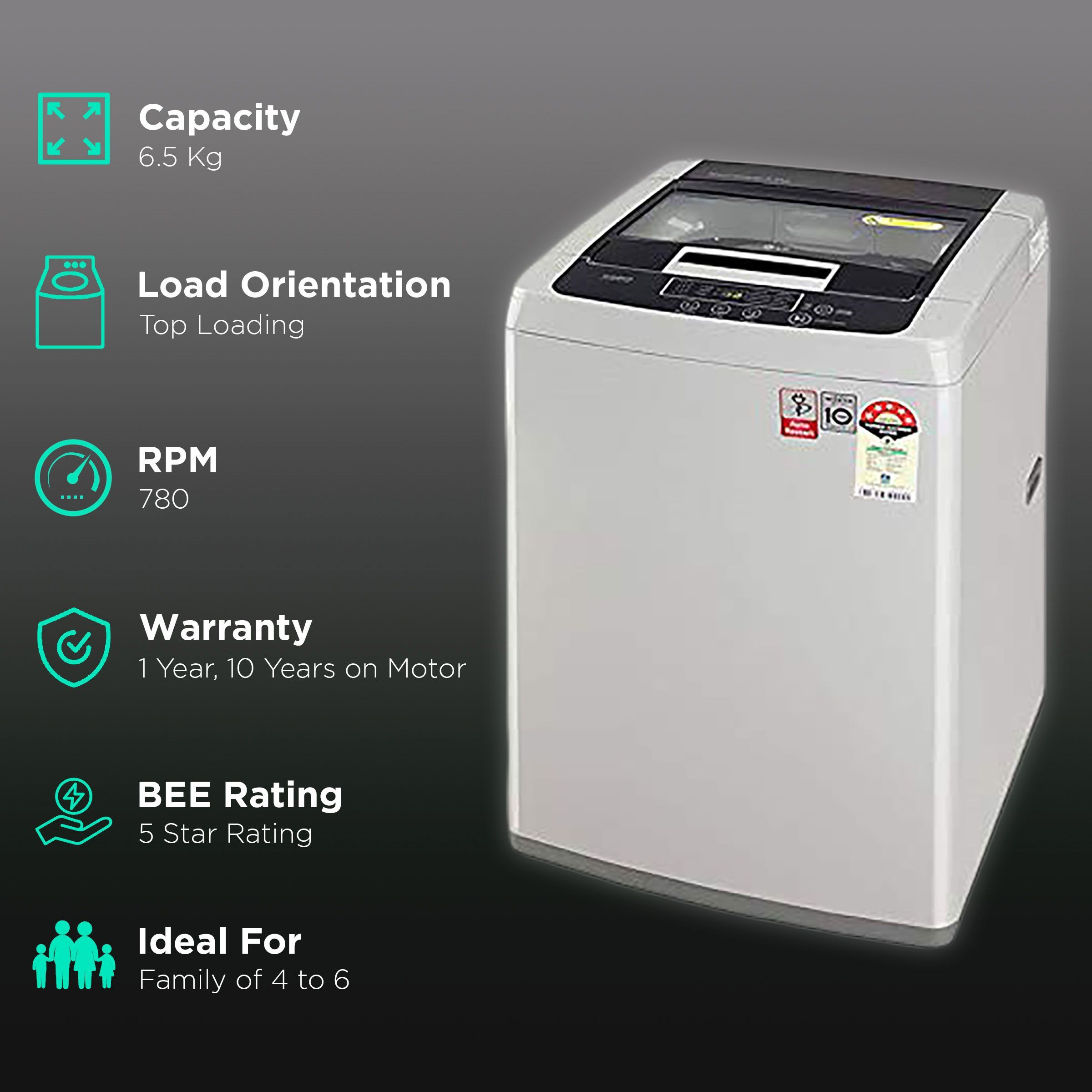 LG 6.5 kg 5 Star Inverter Fully Automatic Top Load Washing Machine (T65SKSF1Z.ASFQEIL, Smart Inverter Technology, Middle Free Silver) LG 6.5 kg 5 Star Inverter Fully Automatic Top Load Washing Machine (T65SKSF1Z.ASFQEIL, Smart Inverter Technology, Middle Free Silver)_2