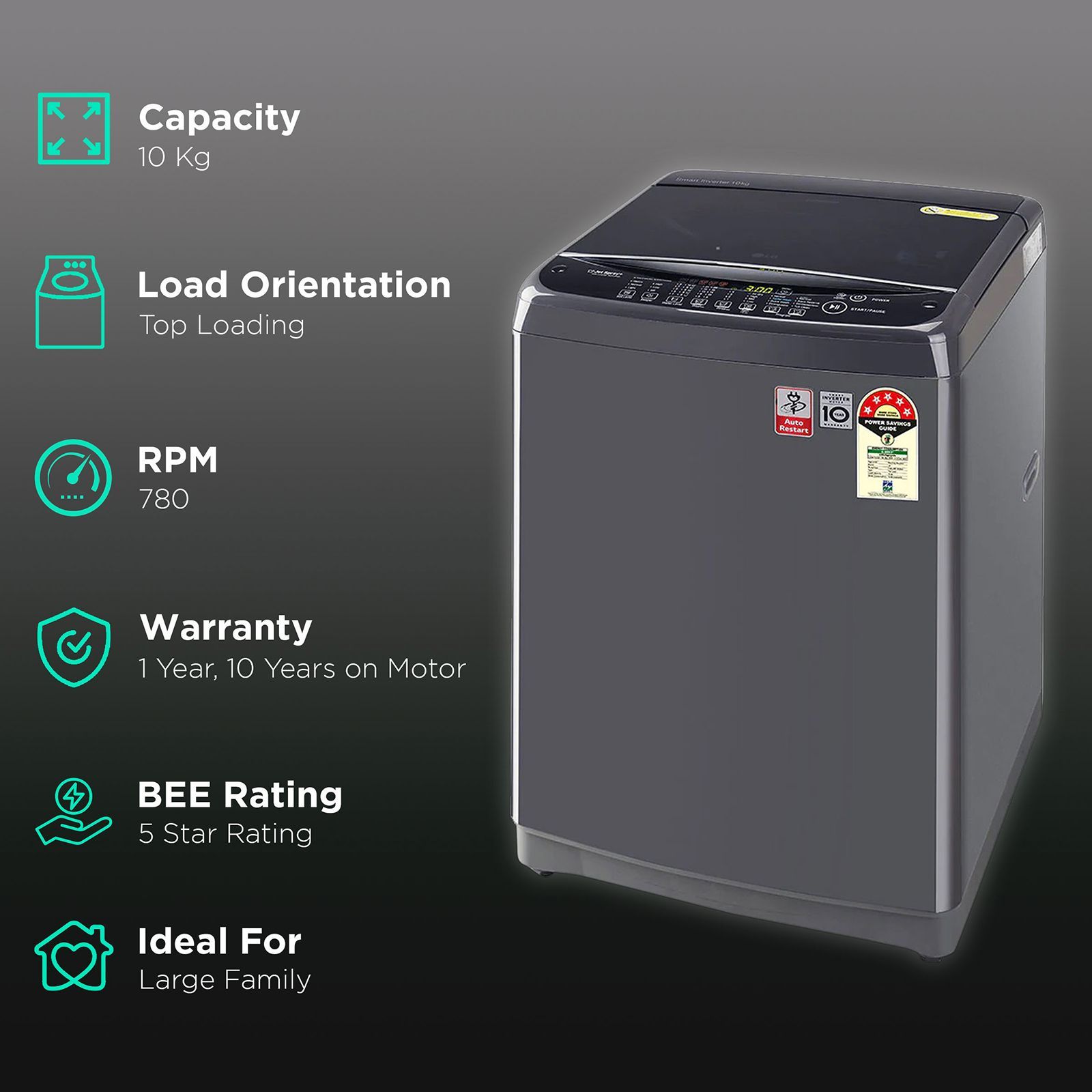 LG 10 kg 5 Star Inverter Fully Automatic Top Load Washing Machine (T10SJMB1Z.ABMQEIL, Smart Inverter Technology, Middle Black) LG 10 kg 5 Star Inverter Fully Automatic Top Load Washing Machine (T10SJMB1Z.ABMQEIL, Smart Inverter Technology, Middle Black)_2