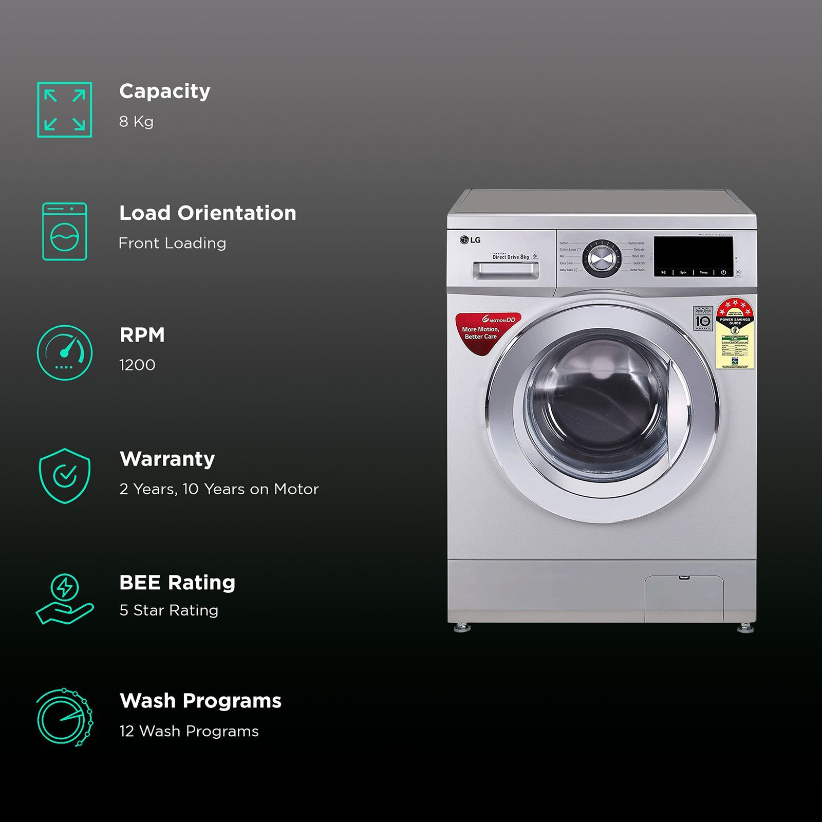 LG 8 kg 5 Star Inverter Fully Automatic Front Load Washing Machine (FHM1208ZDL.ALSQEIL, Inverter Control System, Luxury Silver) LG 8 kg 5 Star Inverter Fully Automatic Front Load Washing Machine (FHM1208ZDL.ALSQEIL, Inverter Control System, Luxury Silver)_2