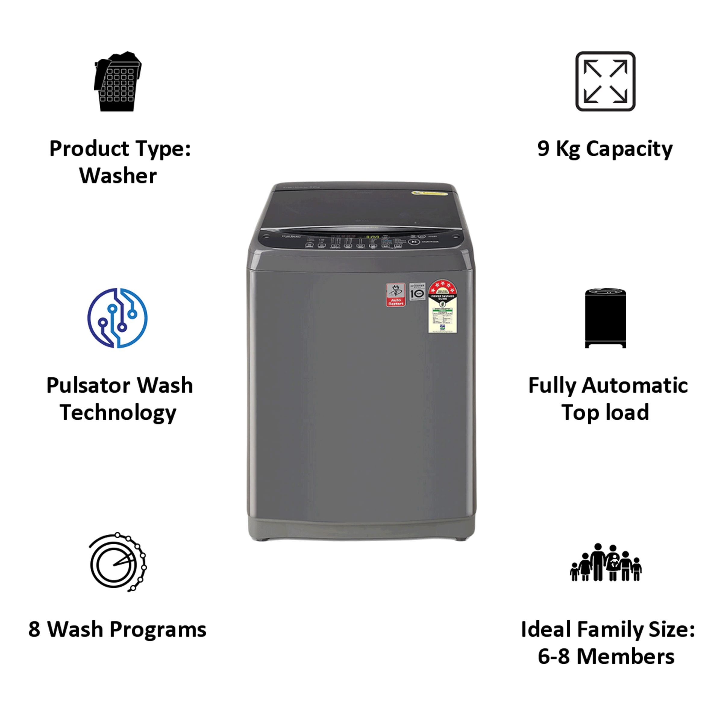 LG 9 kg 5 Star Inverter Fully Automatic Top Load Washing Machine (T90SJMB1Z.ABMQEIL, Smart Inverter Technology, Middle Black)_5