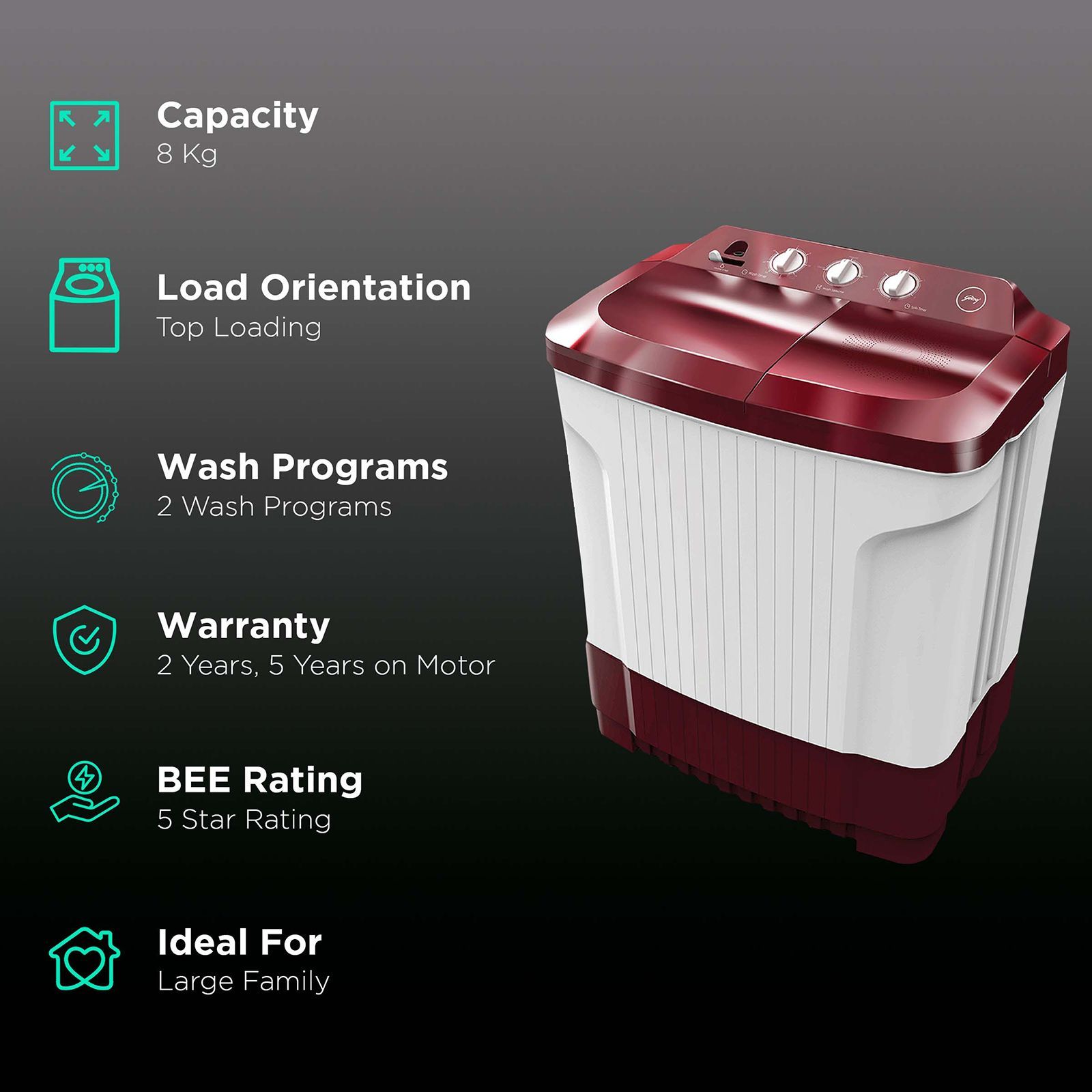 Godrej 8 kg 5 Star Semi Automatic Washing Machine with Spin Shower (Edge Classic, WS EDGE CLS 80 5.0 SN2 M WNRD, Wine Red)_2