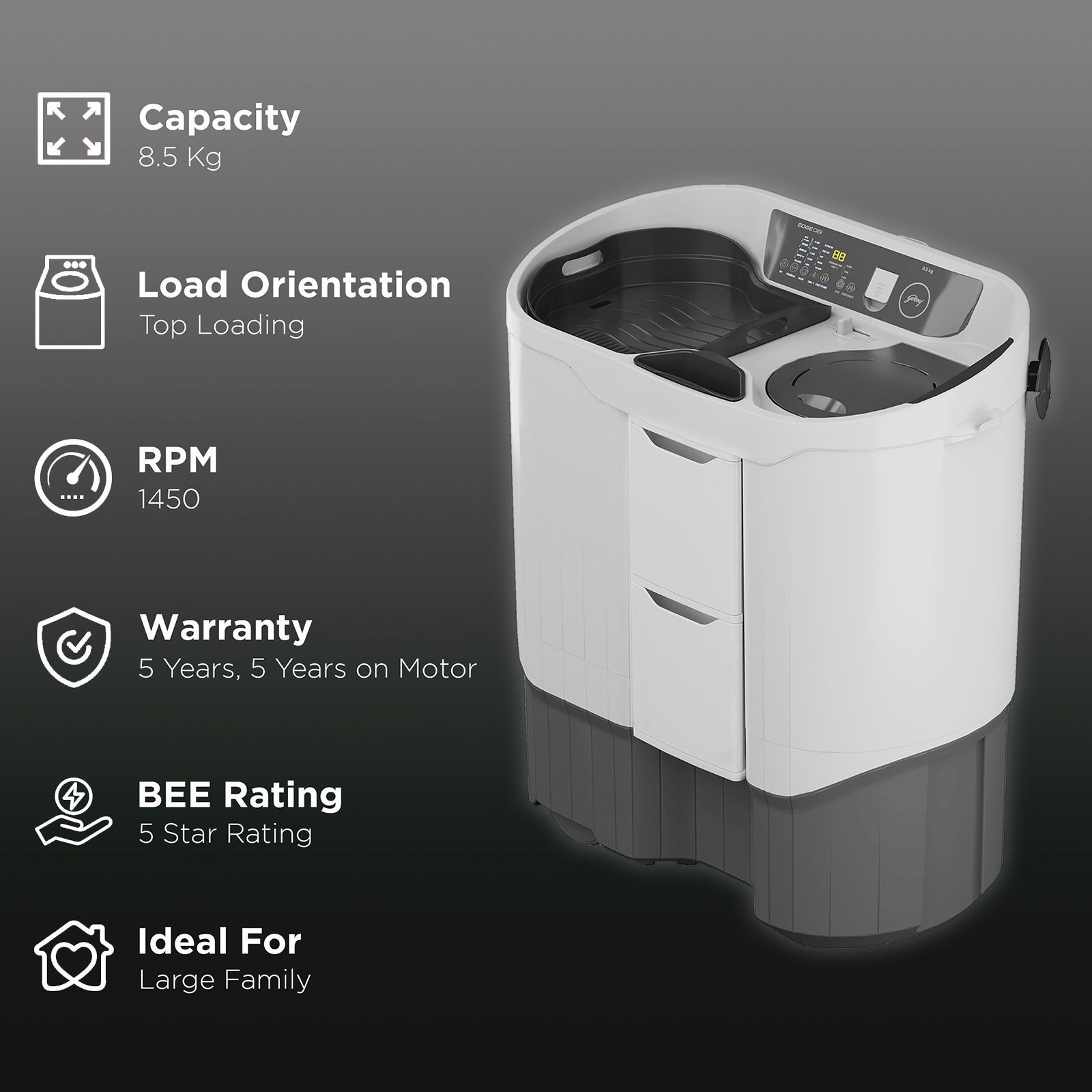 Godrej 8.5 kg 5 Star Semi Automatic Washing Machine with In-Built Heater (Edge Digi, WS EDGE DIGI 85 5.0 PB2 M GPGR, Graphite Grey) Godrej 8.5 kg 5 Star Semi Automatic Washing Machine with In-Built Heater (Edge Digi, WS EDGE DIGI 85 5.0 PB2 M GPGR, Graphite Grey)_2