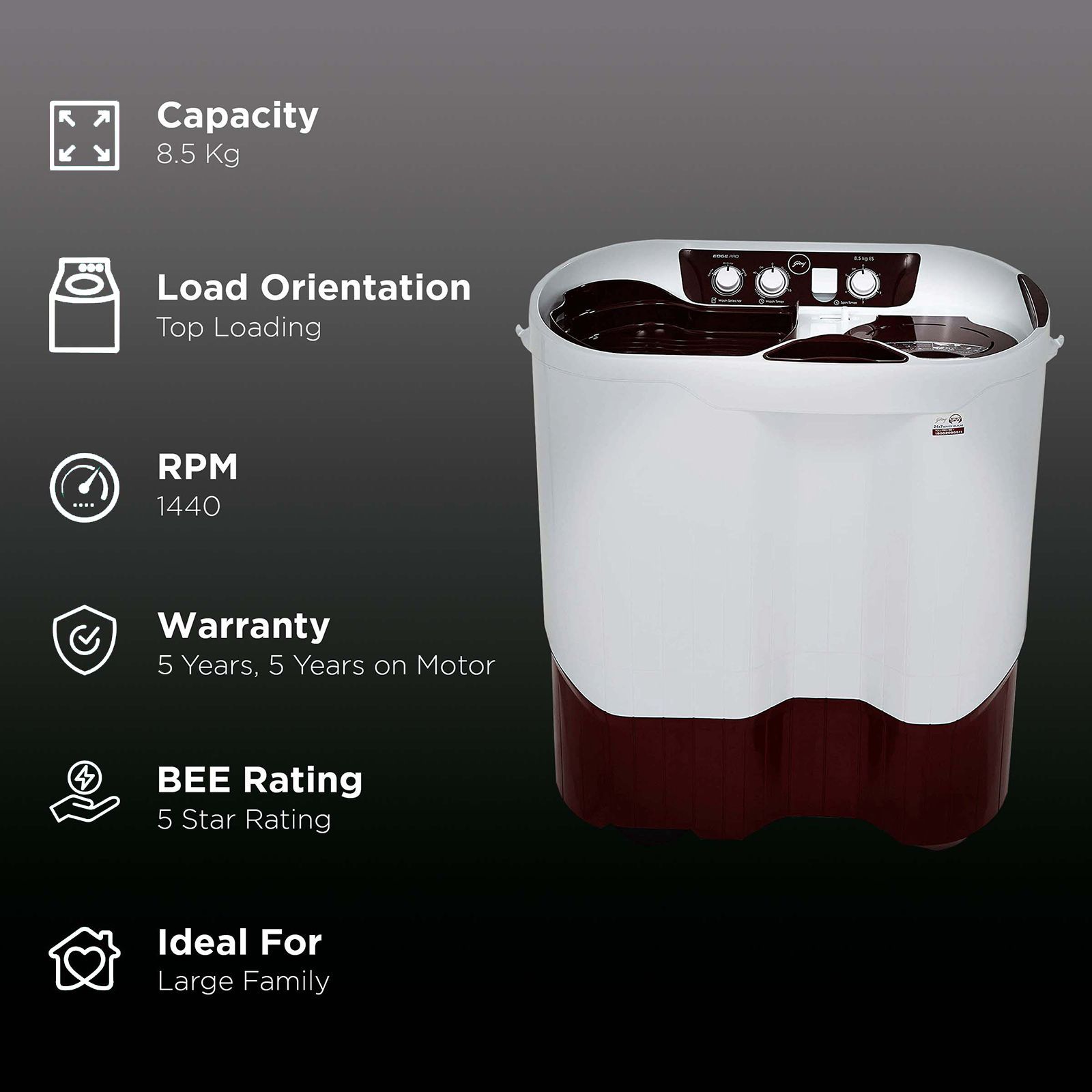 Godrej 8.5 kg 5 Star Semi Automatic Washing Machine with Spin Shower (Edge Pro, WS EDGEPRO 850 ES, Wine Red)_2
