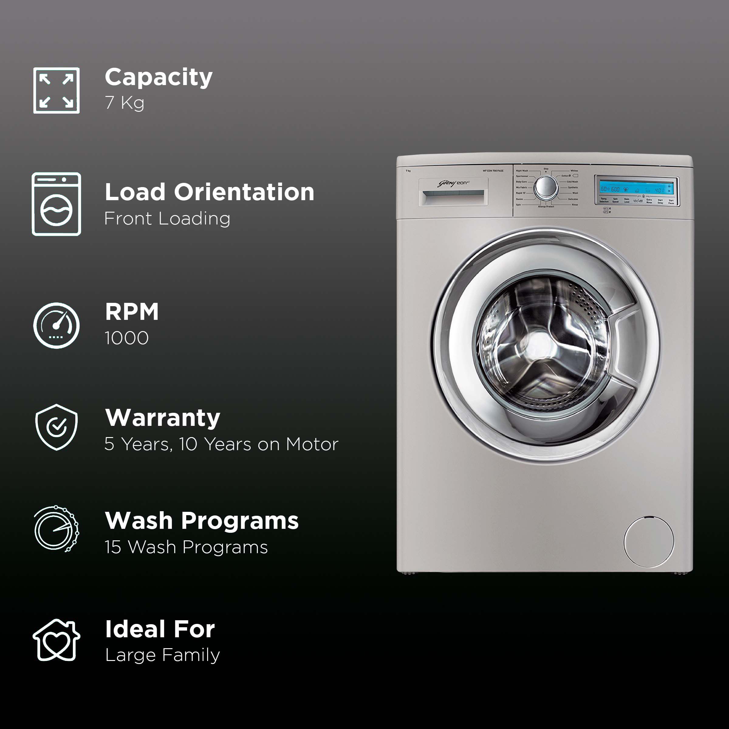 Godrej 7 kg Fully Automatic Front Load Washing Machine (Eon, WF EON 7010 PASC, Overflow Protection System, Silver)_2