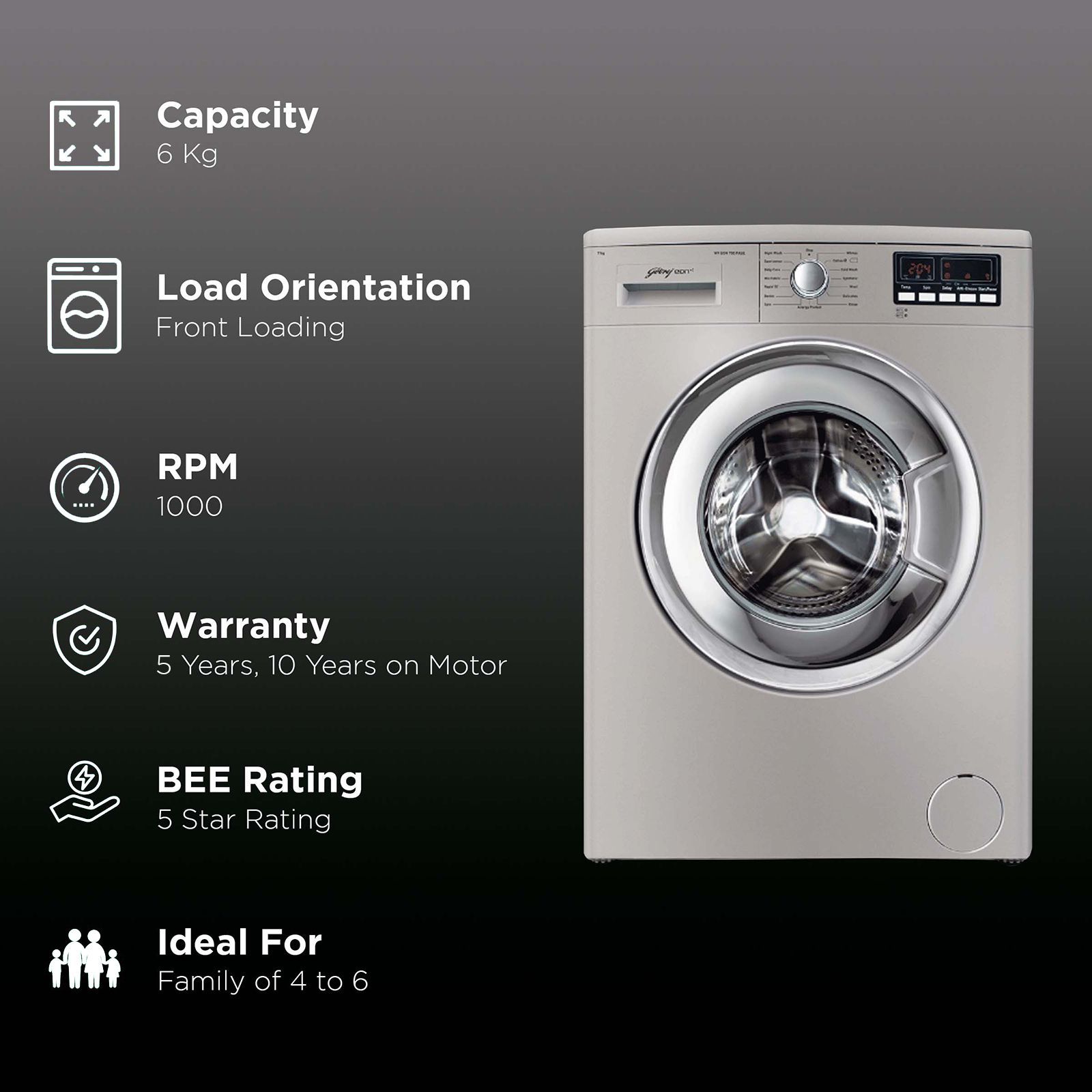 Godrej 6 kg 5 Star Fully Automatic Front Load Washing Machine (Eon, WF EON 6010 PAEC S, Overflow Protection System, Silver)_2
