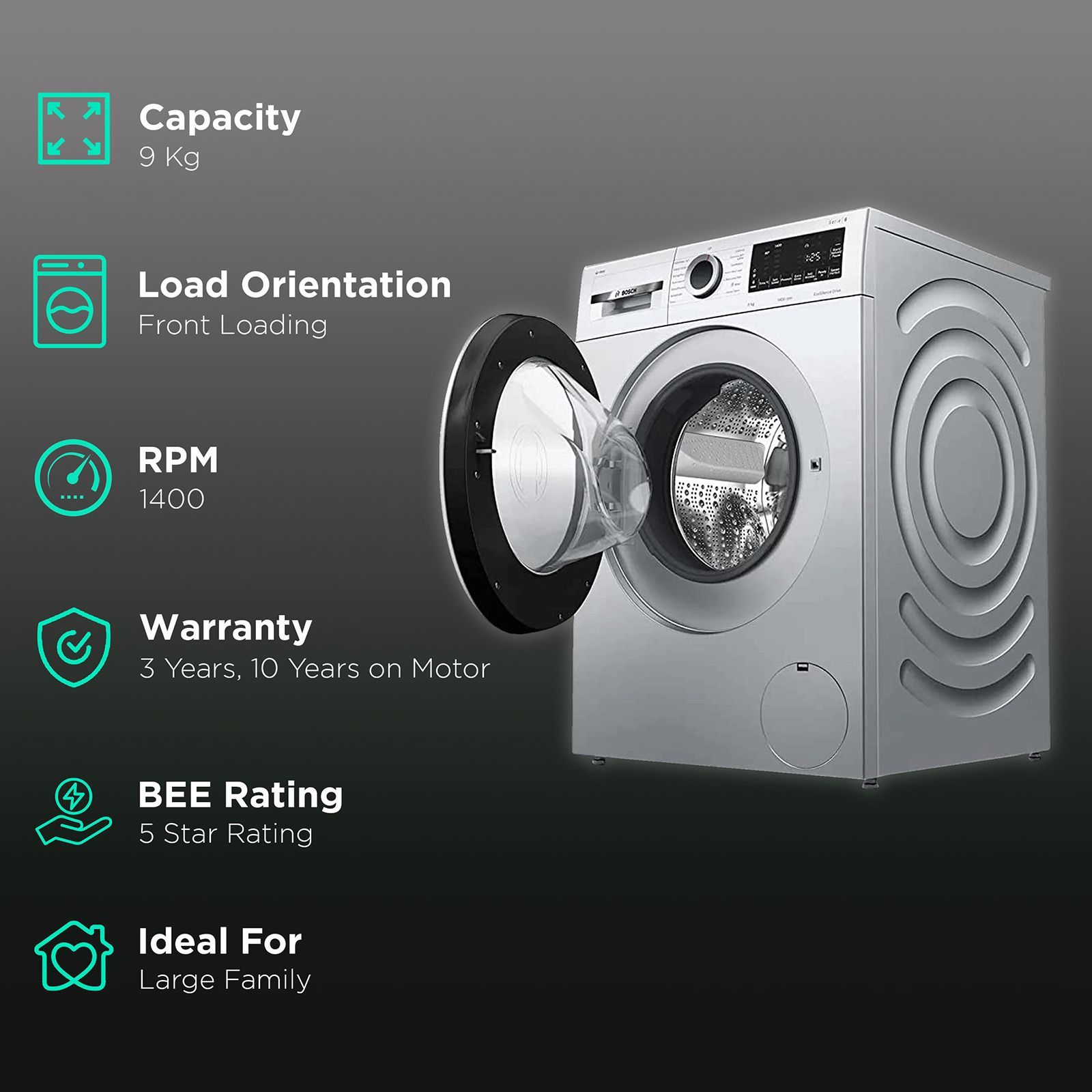BOSCH 9 kg 5 Star Fully Automatic Front Load Washing Machine (Series 6, WGA244ASIN, EcoSilence Drive, Platinum Silver)_2
