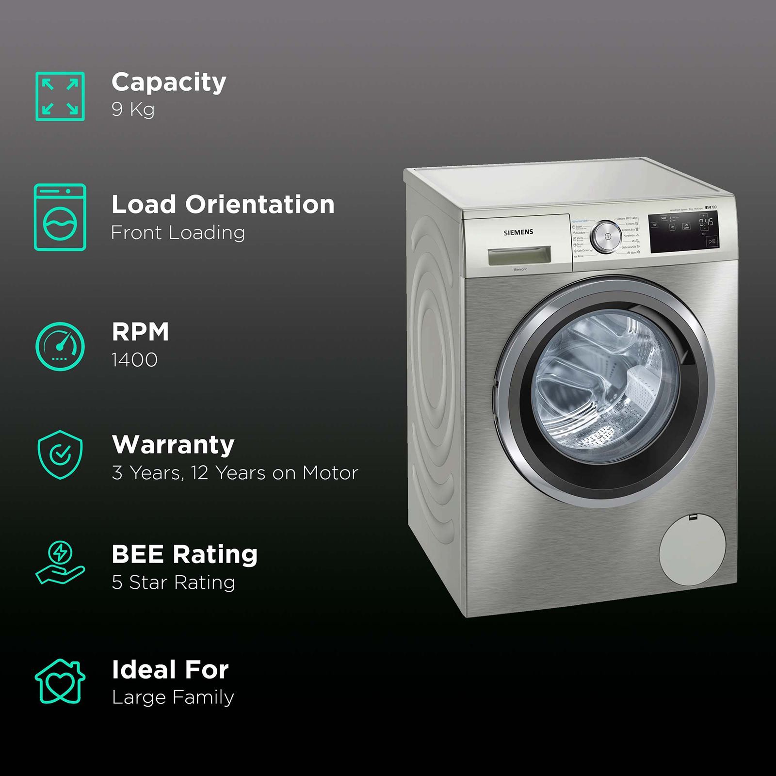 SIEMENS 9 kg 5 Star Fully Automatic Front Load Washing Machine (iQ700, WM14UQ9SIN, Wave Drum, Silver Inox) SIEMENS 9 kg 5 Star Fully Automatic Front Load Washing Machine (iQ700, WM14UQ9SIN, Wave Drum, Silver Inox)_2