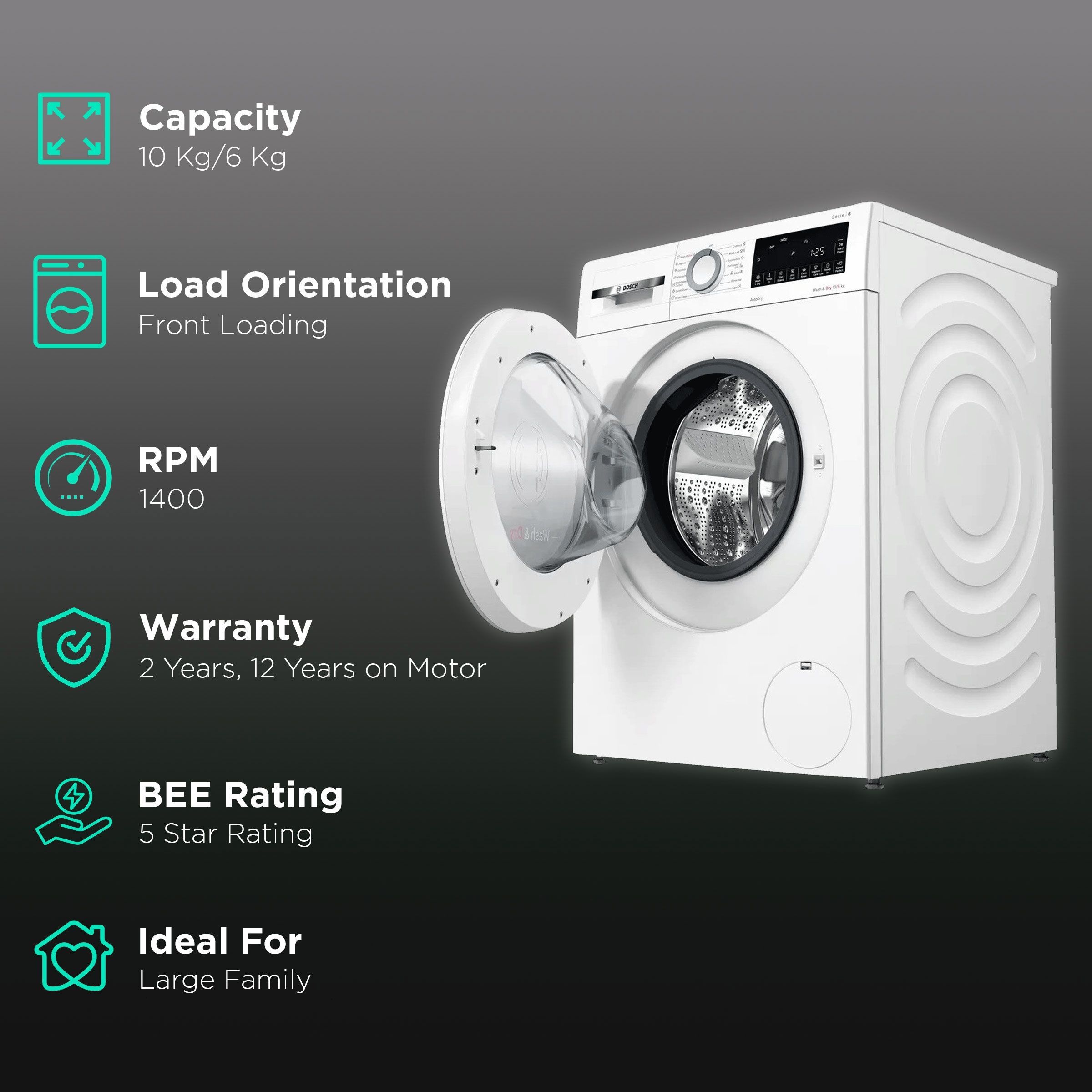 BOSCH 10/6 kg 5 Star Fully Automatic Front Load Washer Dryer (Series 6, WNA254U0IN, EcoSilence Drive, White)_2