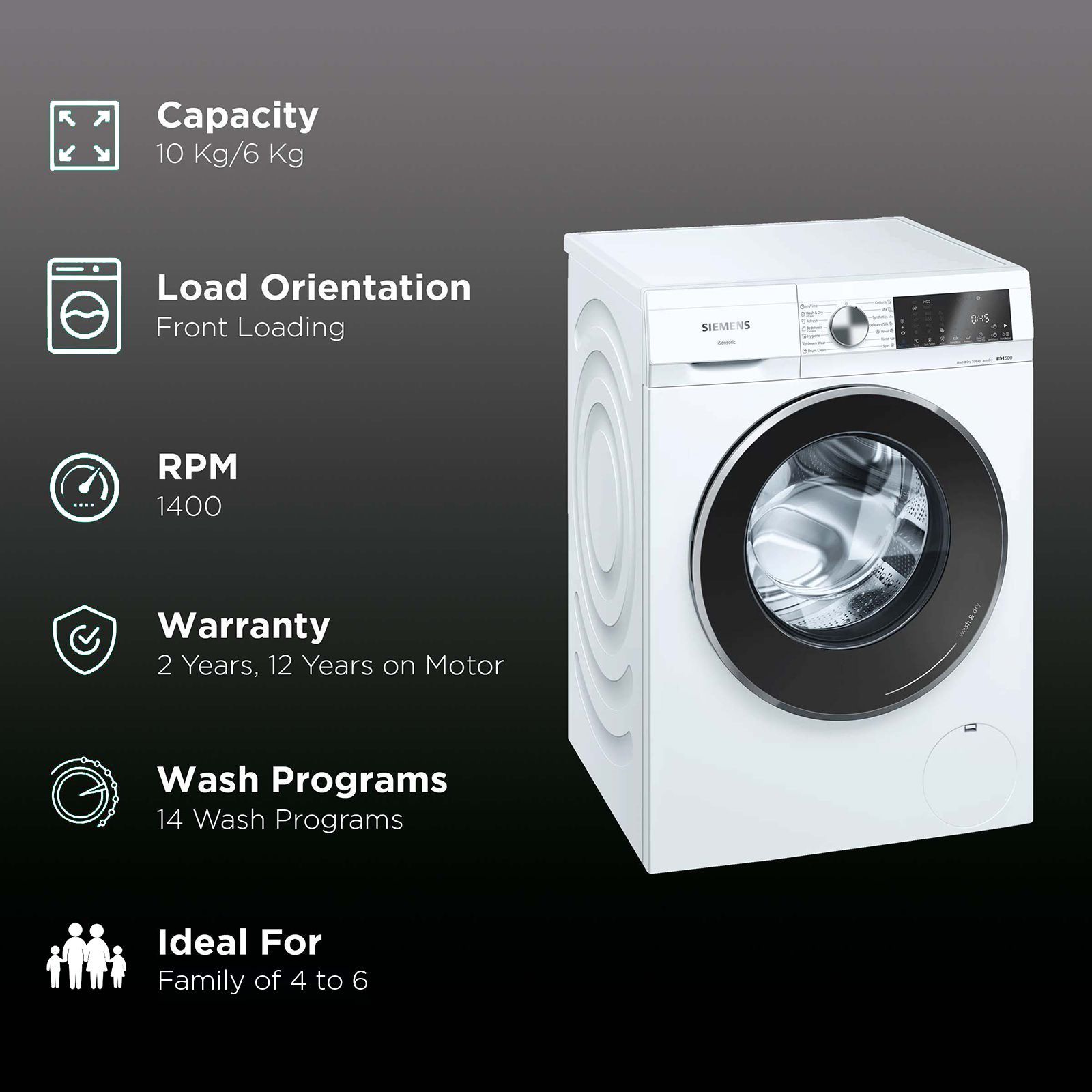 SIEMENS 10/6 kg Fully Automatic Front Load Washer Dryer (iQ500, WN54A2U0IN, Wave Drum, White)_2