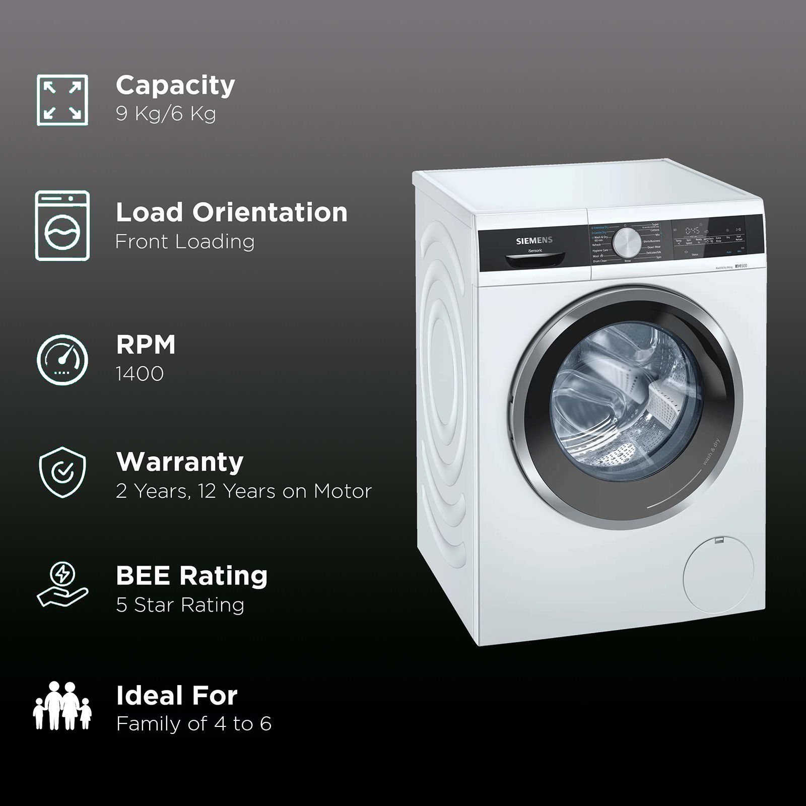 SIEMENS 9/6 kg 5 Star Fully Automatic Front Load Washer Dryer (iQ500, WN44A100IN, In-Built Heater, White) SIEMENS 9/6 kg 5 Star Fully Automatic Front Load Washer Dryer (iQ500, WN44A100IN, In-Built Heater, White)_2