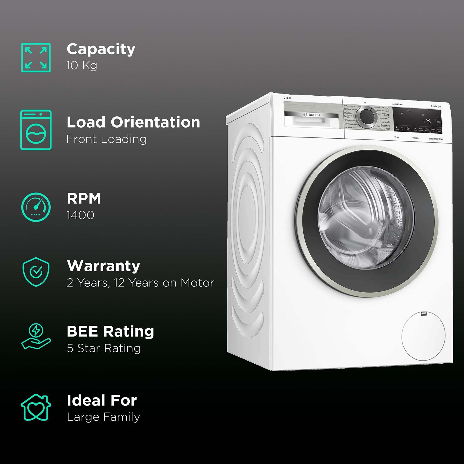 BOSCH 10 kg 5 Star Fully Automatic Front Load Washing Machine (Series 6, WGA254A0IN, EcoSilence Drive, White) BOSCH 10 kg 5 Star Fully Automatic Front Load Washing Machine (Series 6, WGA254A0IN, EcoSilence Drive, White)_2