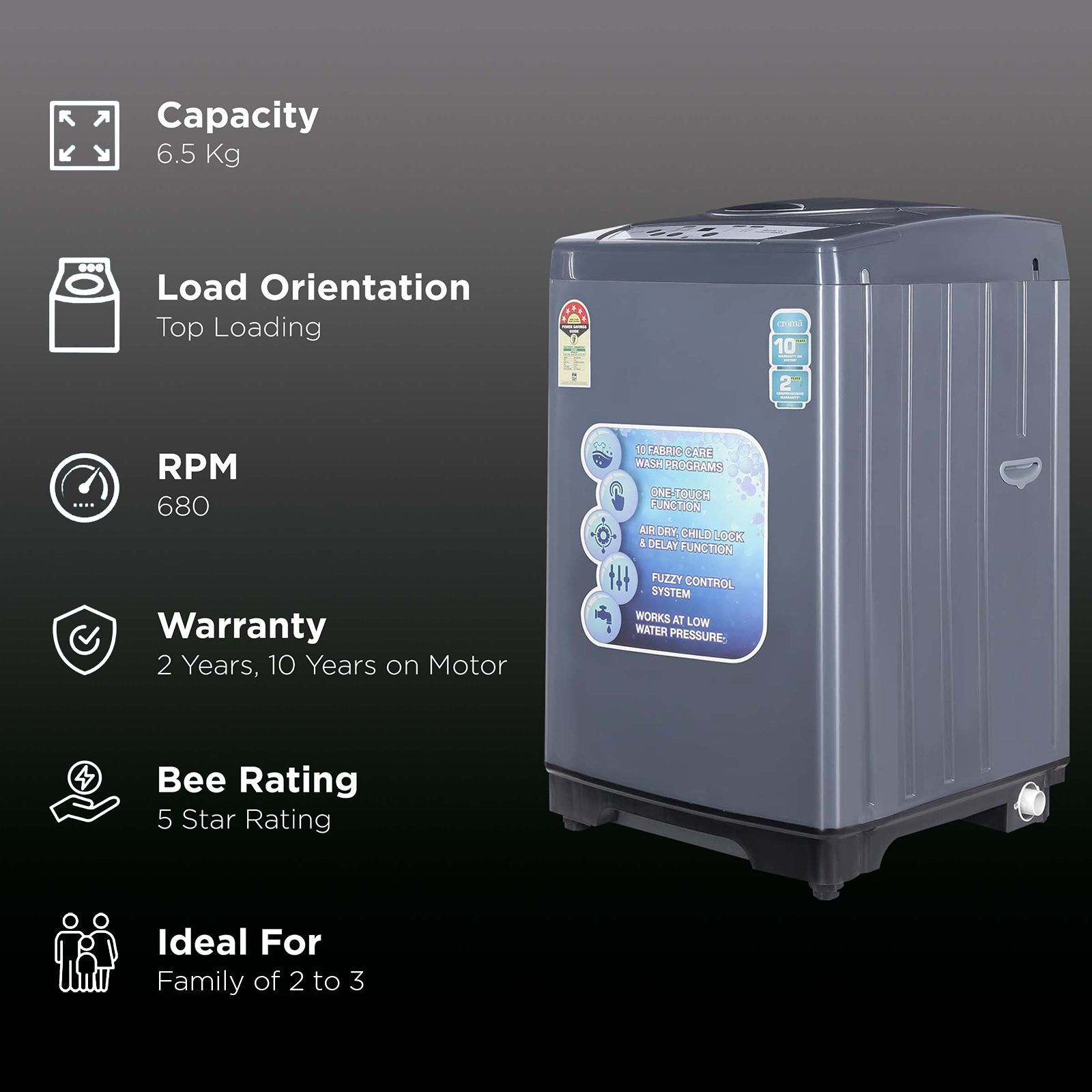 Croma 6.5 kg 5 Star Fully Automatic Top Load Washing Machine ( Fuzzy Control, Grey)_2