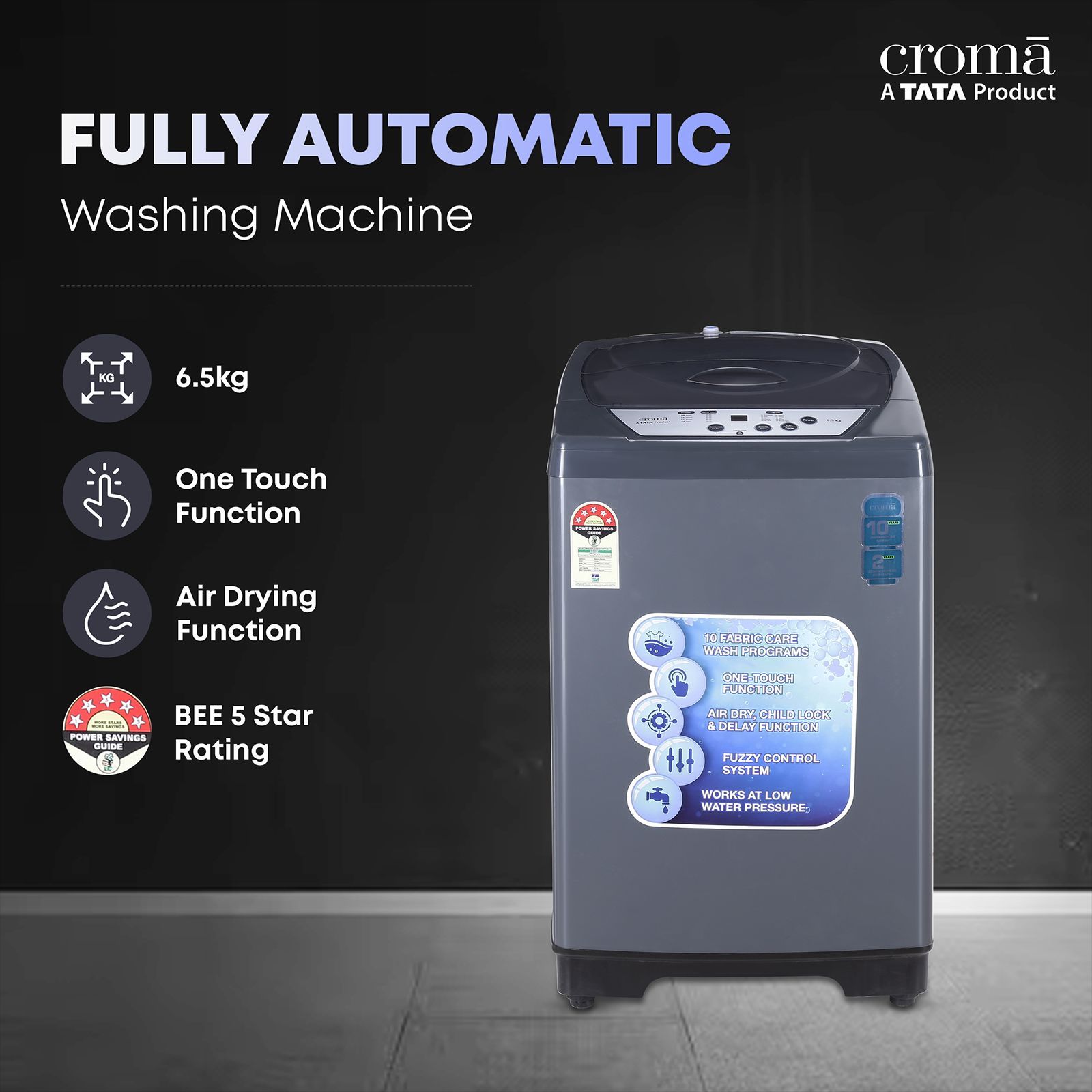 Croma 6.5 kg 5 Star Fully Automatic Top Load Washing Machine ( Fuzzy Control, Grey)_4