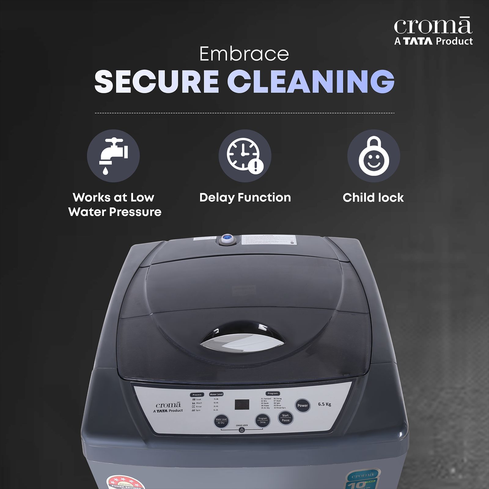 Croma 6.5 kg 5 Star Fully Automatic Top Load Washing Machine ( Fuzzy Control, Grey)_8