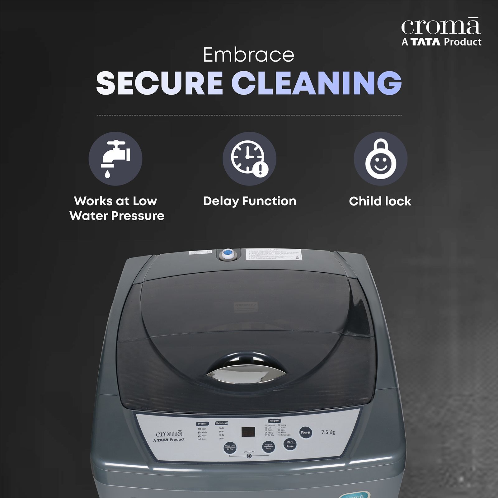 Croma 7.5 kg 5 Star Fully Automatic Top Load Washing Machine ( Fuzzy Control, Grey)_13
