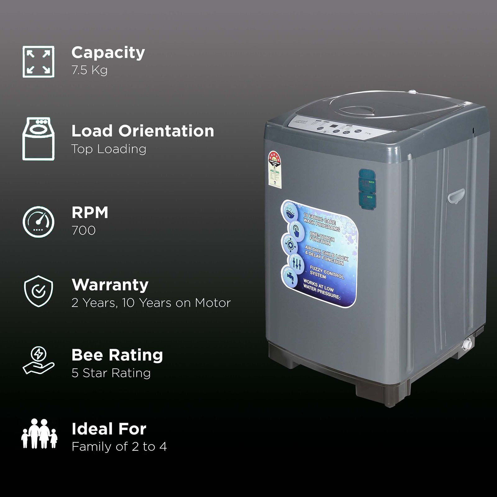 Croma 7.5 kg 5 Star Fully Automatic Top Load Washing Machine ( Fuzzy Control, Grey) Croma 7.5 kg 5 Star Fully Automatic Top Load Washing Machine ( Fuzzy Control, Grey)_2