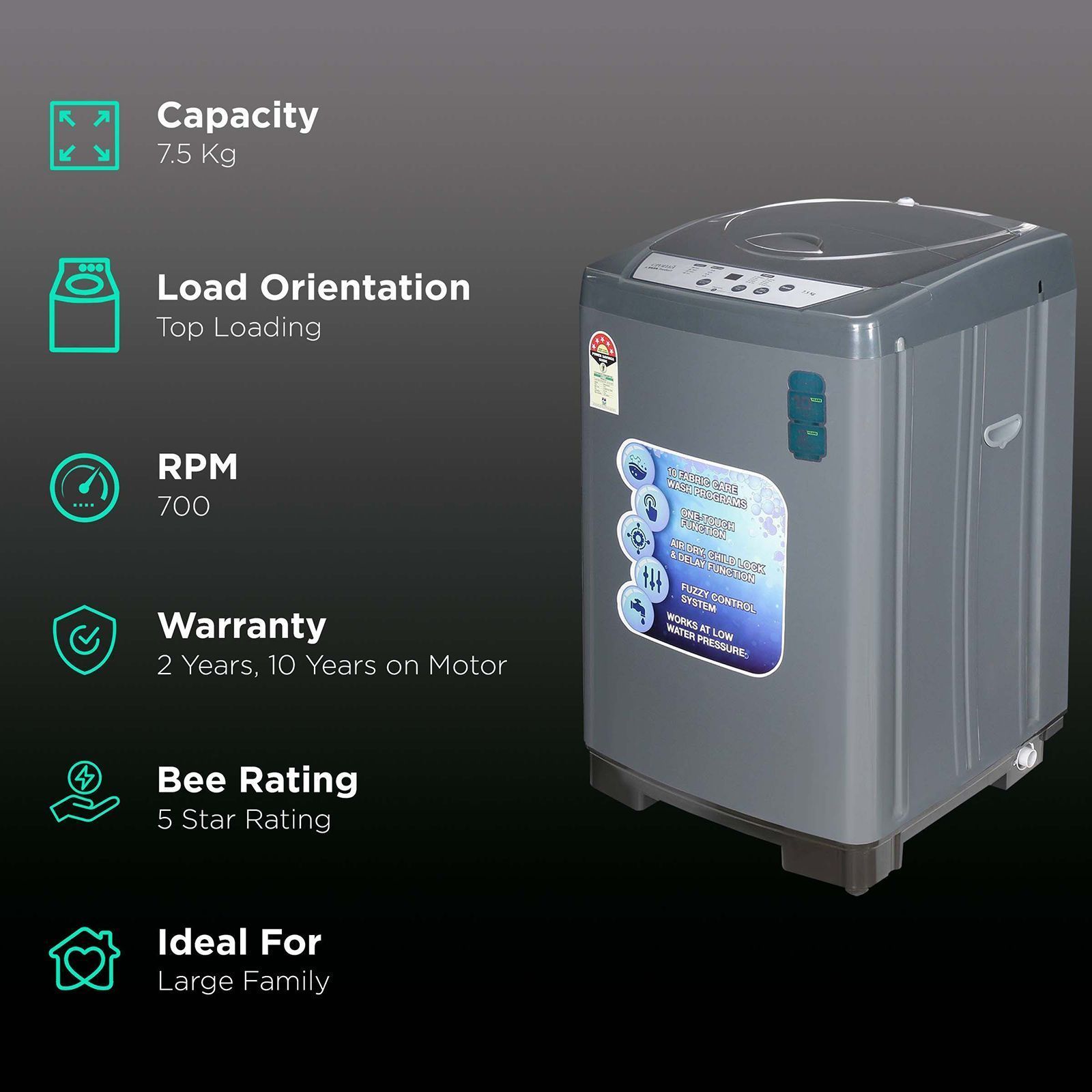 Croma 7.5 kg 5 Star Fully Automatic Top Load Washing Machine ( Fuzzy Control, Grey)_2