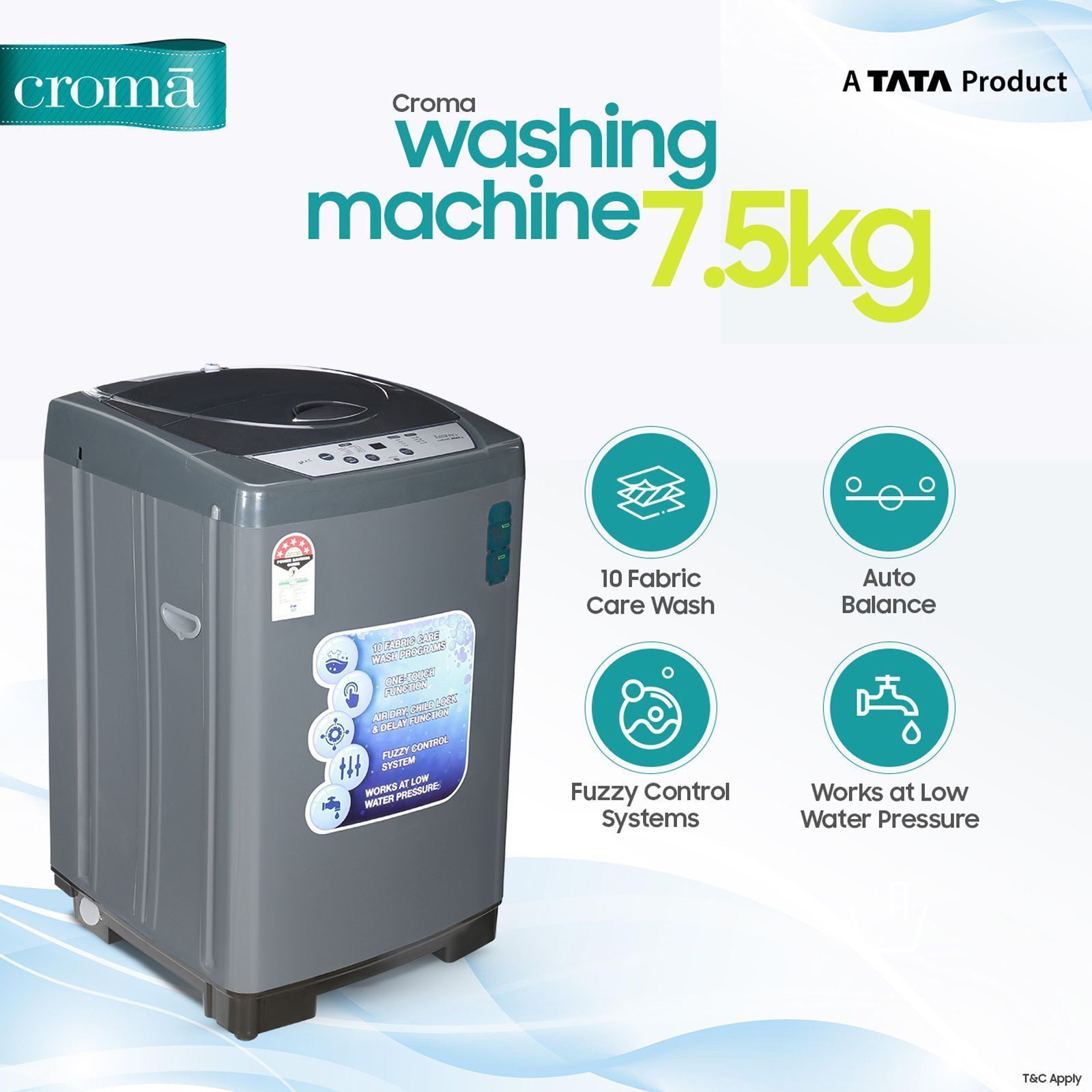 Croma 7.5 kg 5 Star Fully Automatic Top Load Washing Machine ( Fuzzy Control, Grey)_8