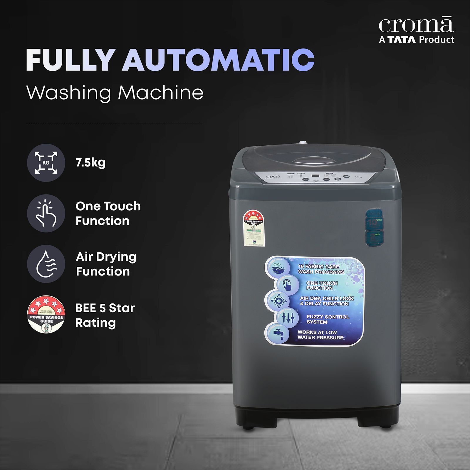 Croma 7.5 kg 5 Star Fully Automatic Top Load Washing Machine ( Fuzzy Control, Grey)_9
