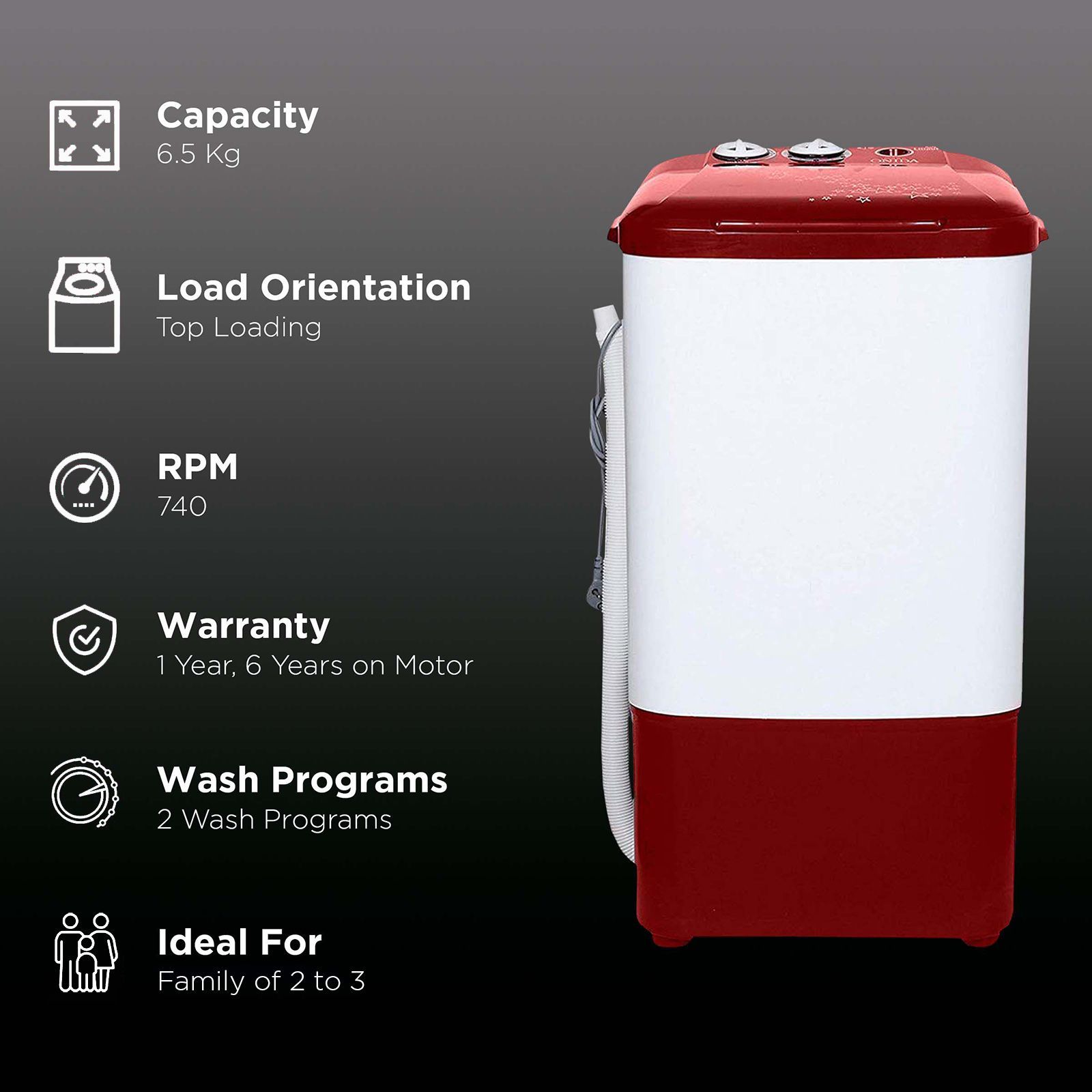 ONIDA 6.5 kg Semi Automatic Washer with Anti-Rust Fibre (Liliput, WS65WLPT1LR, Lava Red) ONIDA 6.5 kg Semi Automatic Washer with Anti-Rust Fibre (Liliput, WS65WLPT1LR, Lava Red)_2