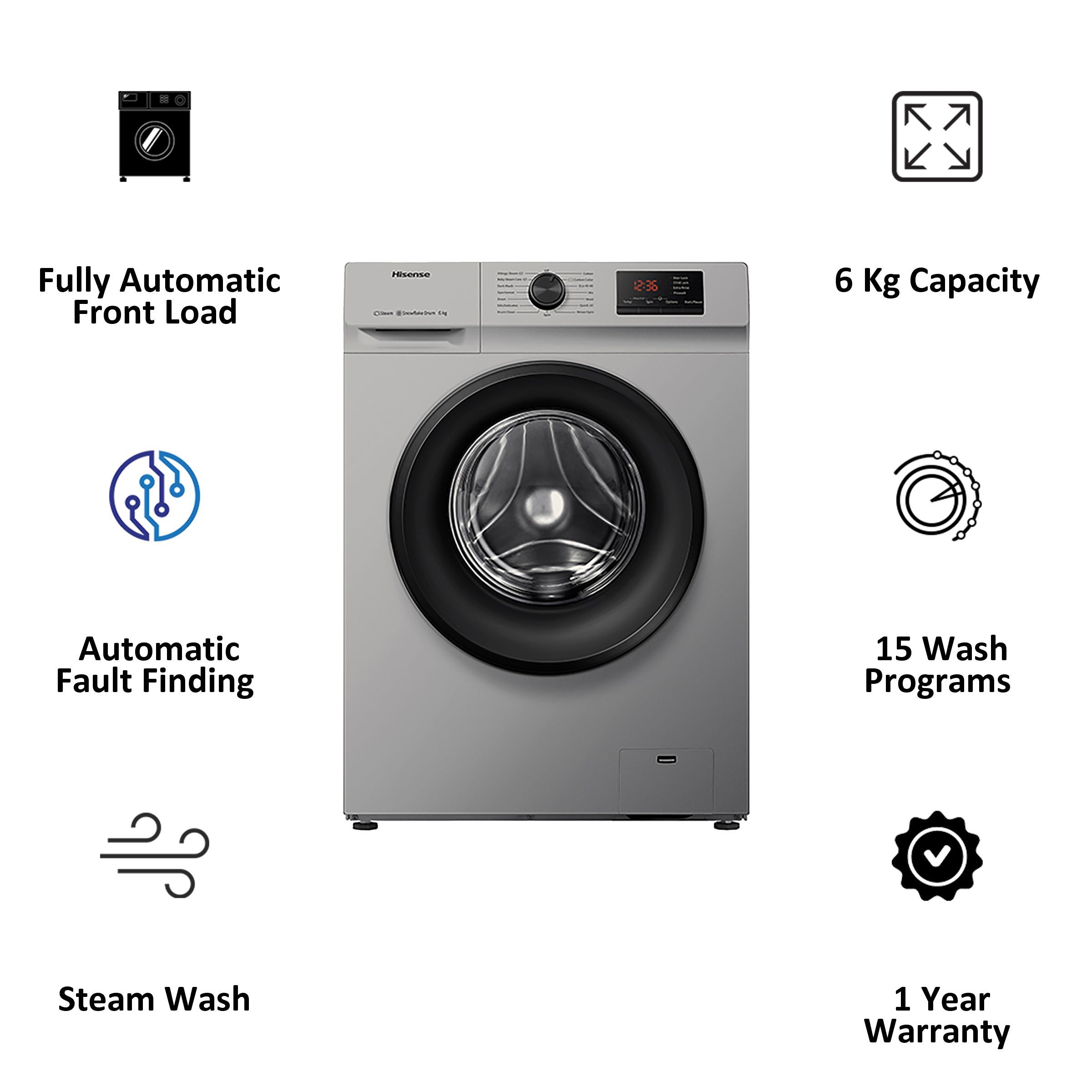Hisense 6 kg Fully Automatic Front Load Washing Machine (Simple Life Series, WFVB6010MS, Built-in Heater, Silver)_5