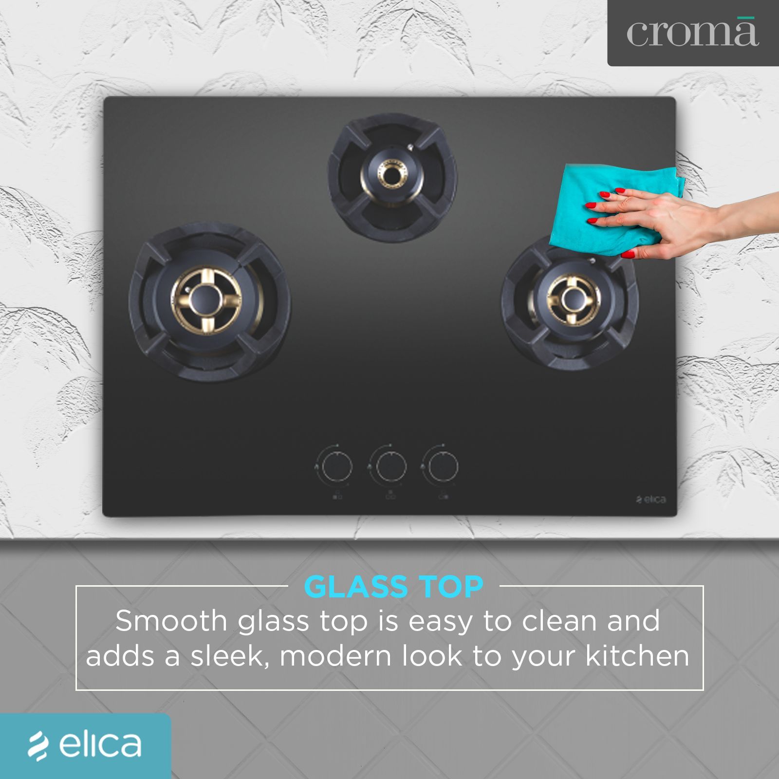 Elica CLASSIC FLEXI FB MFC 3B 70 MT FFD Glass Top 3 Burner Automatic Electric Hob (Heavy Duty Multi Frame Burners, Black)_8