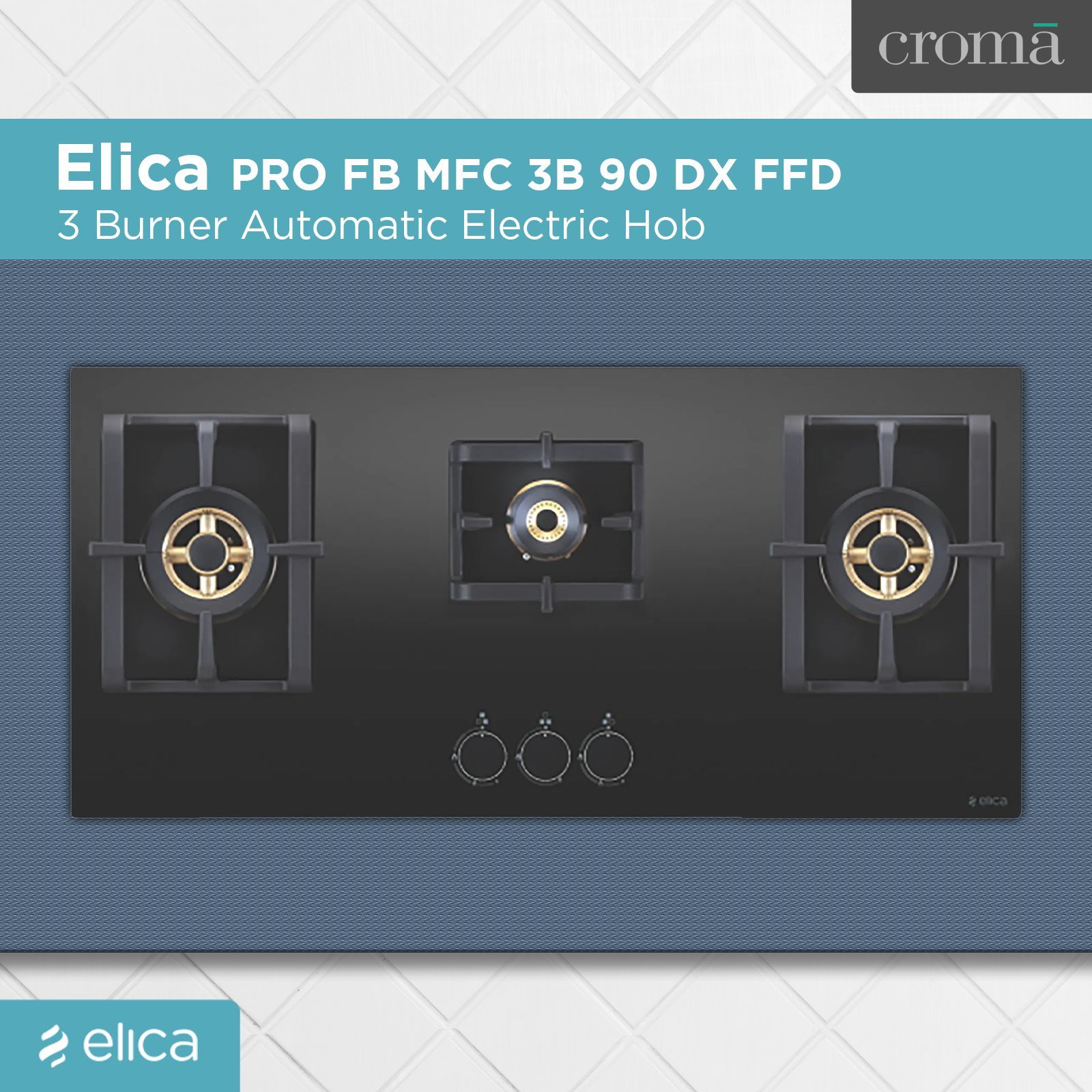 Elica PRO FB MFC 3B 90 DX FFD Glass Top 3 Burner Automatic Electric Hob (Round Metallic Knob, Black)_4
