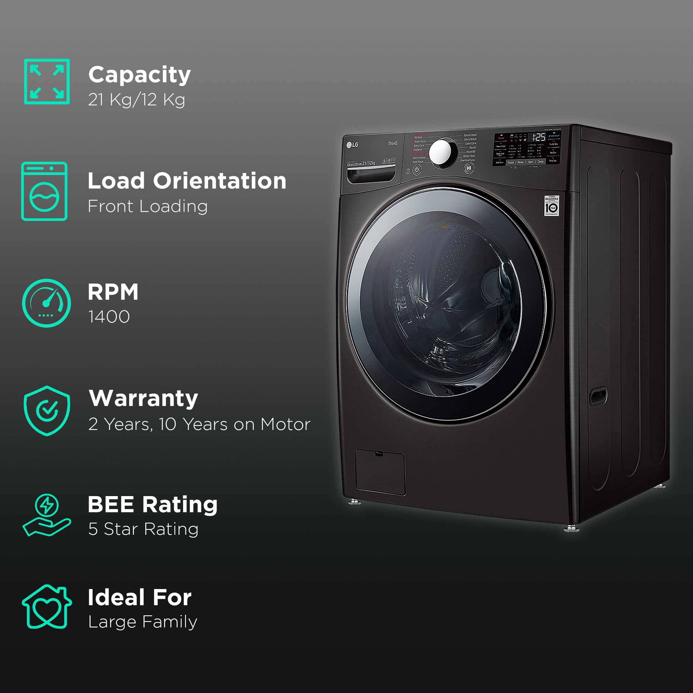 LG 21/12 kg 5 Star Inverter Fully Automatic Front Load Washer Dryer (FHD2112STB.ABLPEIL, Steam Wash Technology, Black VCM) LG 21/12 kg 5 Star Inverter Fully Automatic Front Load Washer Dryer (FHD2112STB.ABLPEIL, Steam Wash Technology, Black VCM)_2