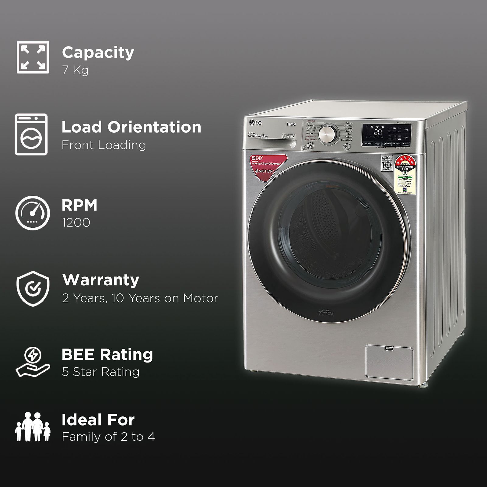 LG 7 kg 5 Star Inverter Fully Automatic Front Load Washing Machine (FHV1207BWP, In-Built Heater, Platinum Silver)_2