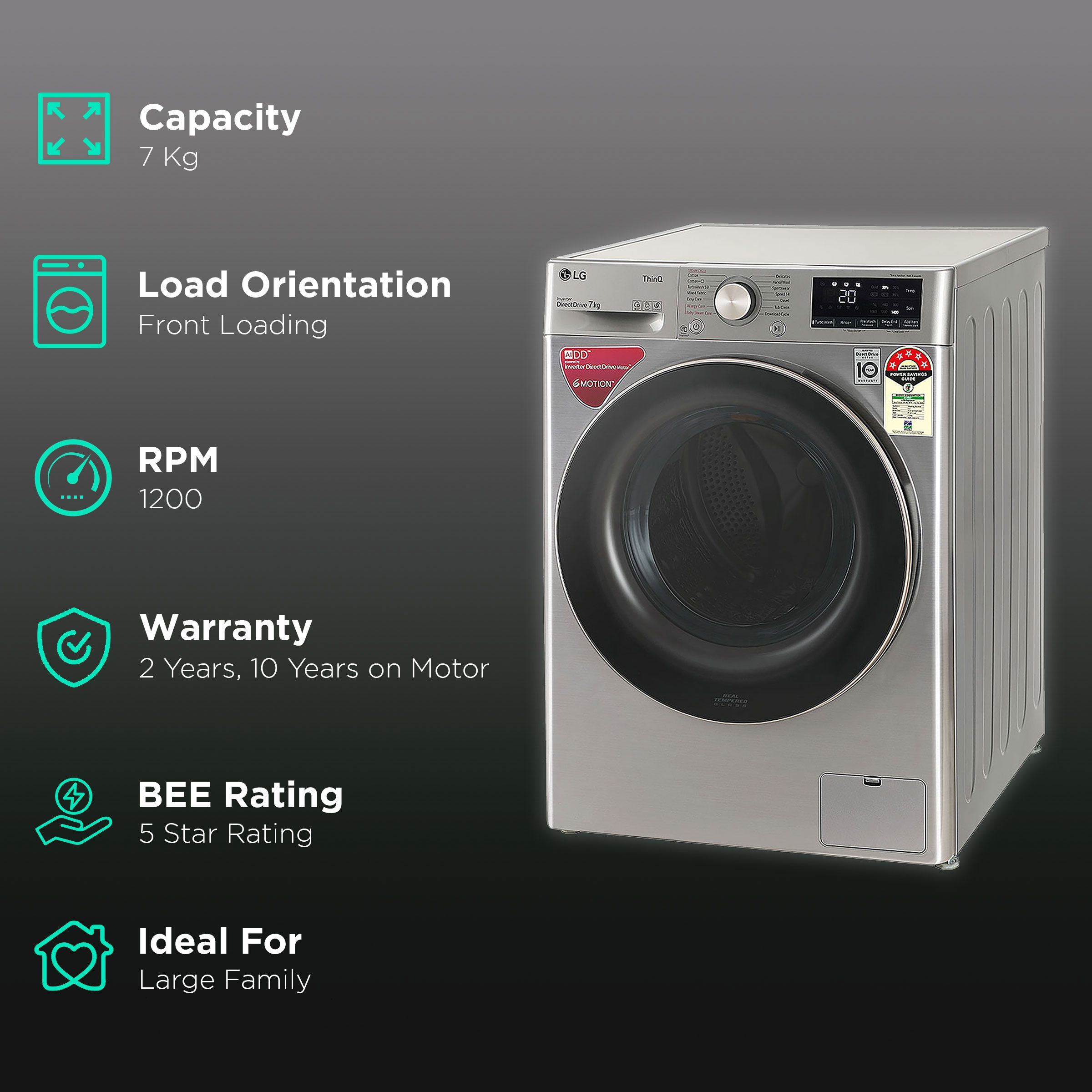 LG 7 kg 5 Star Inverter Fully Automatic Front Load Washing Machine (FHV1207BWP, In-Built Heater, Platinum Silver) LG 7 kg 5 Star Inverter Fully Automatic Front Load Washing Machine (FHV1207BWP, In-Built Heater, Platinum Silver)_2