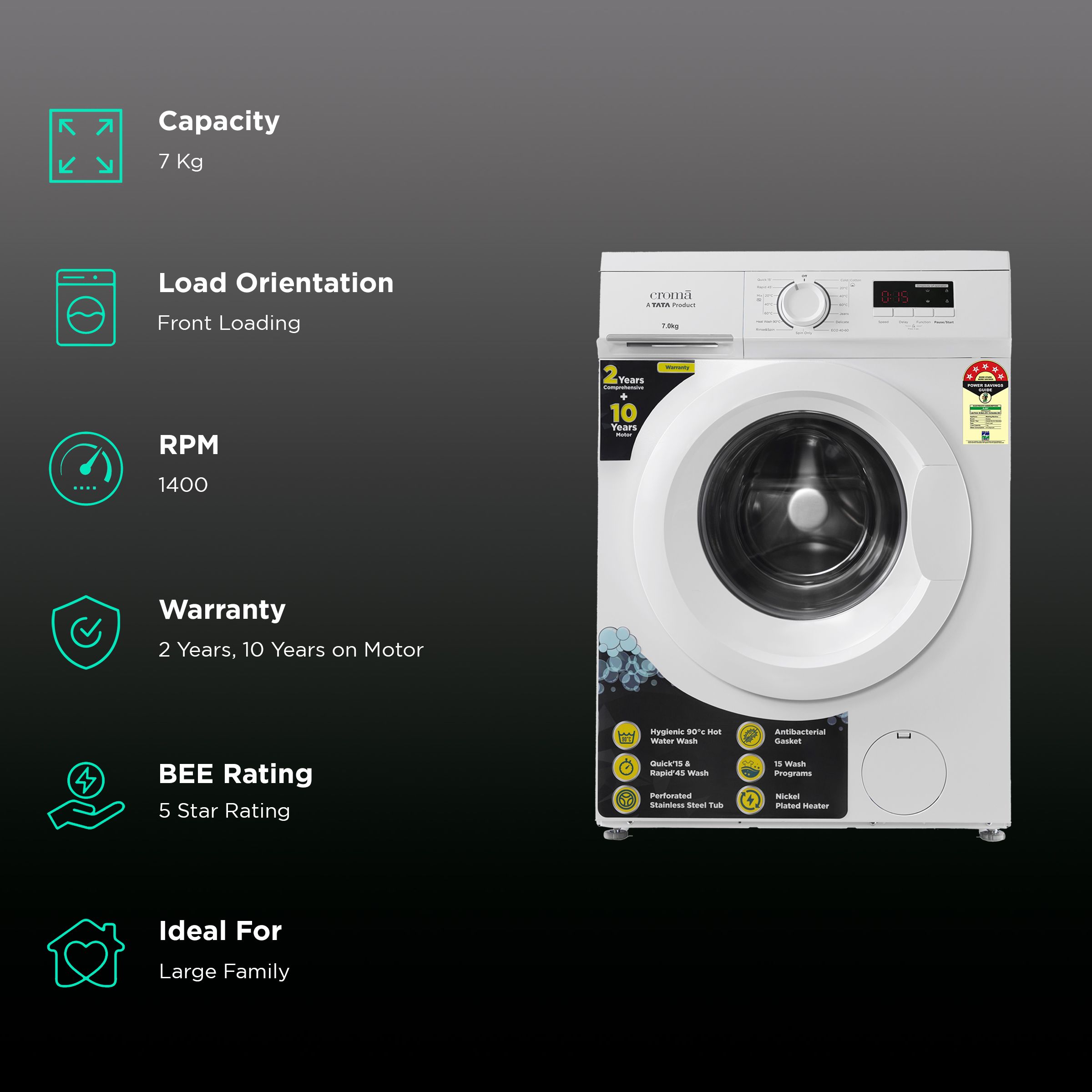 Croma 7 kg 5 Star Fully Automatic Front Load Washing Machine (CRLW070FLF017902, In-Built Heater, White)_2