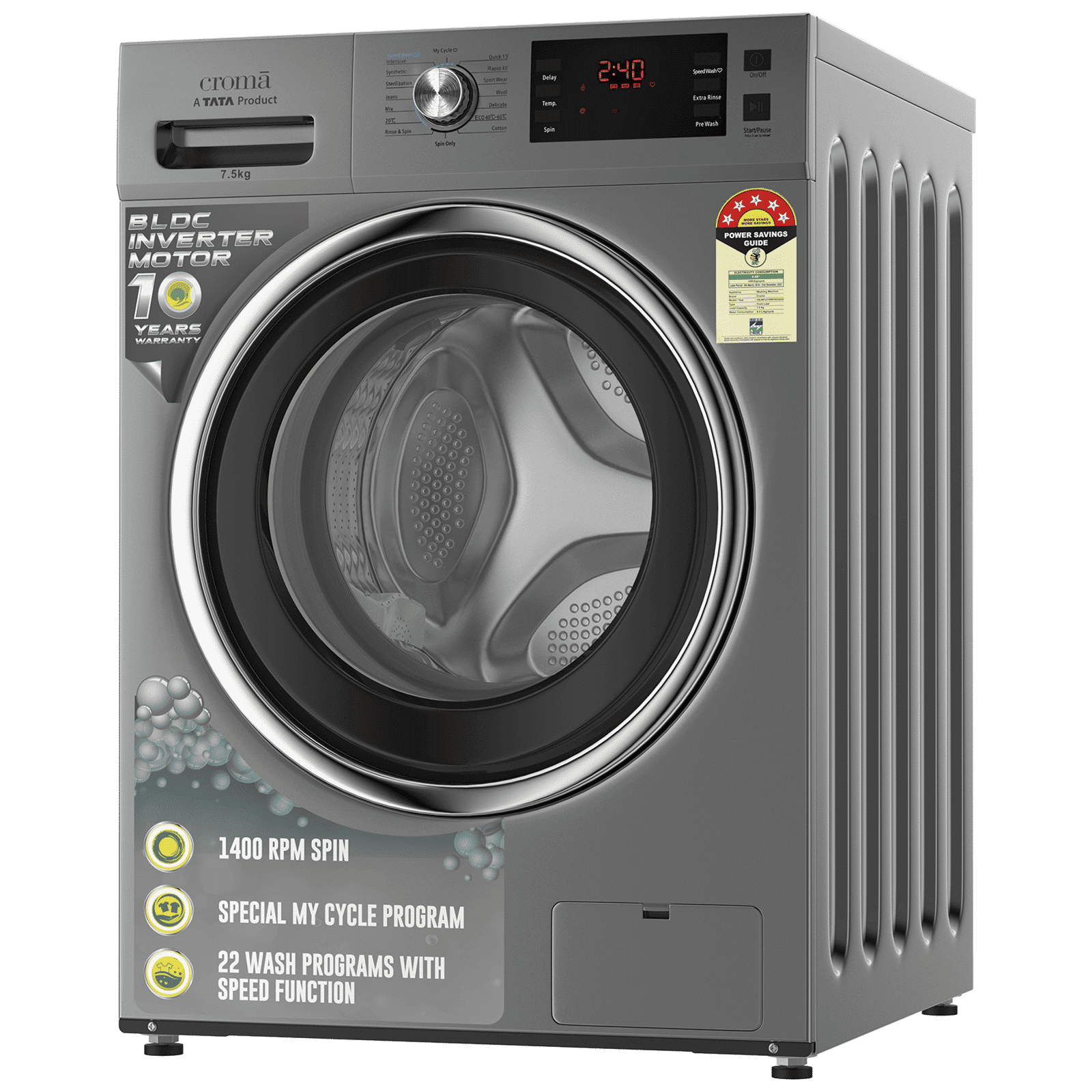 Croma 7.5 kg 5 Star Fully Automatic Front Load Washing Machine (CRLWFL0755W7903, Invertor Motor Technology, Silver Grey) Croma 7.5 kg 5 Star Fully Automatic Front Load Washing Machine (CRLWFL0755W7903, Invertor Motor Technology, Silver Grey)_7