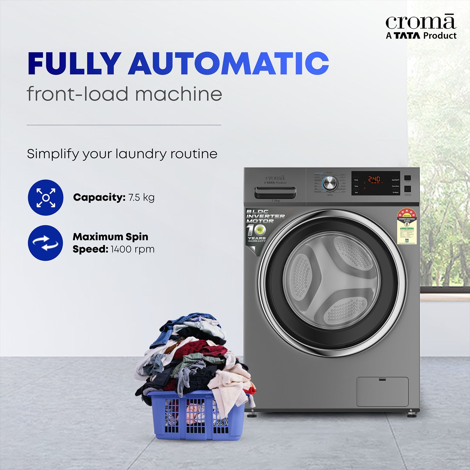 Croma 7.5 kg 5 Star Fully Automatic Front Load Washing Machine (CRLWFL0755W7903, Invertor Motor Technology, Silver Grey) Croma 7.5 kg 5 Star Fully Automatic Front Load Washing Machine (CRLWFL0755W7903, Invertor Motor Technology, Silver Grey)_10