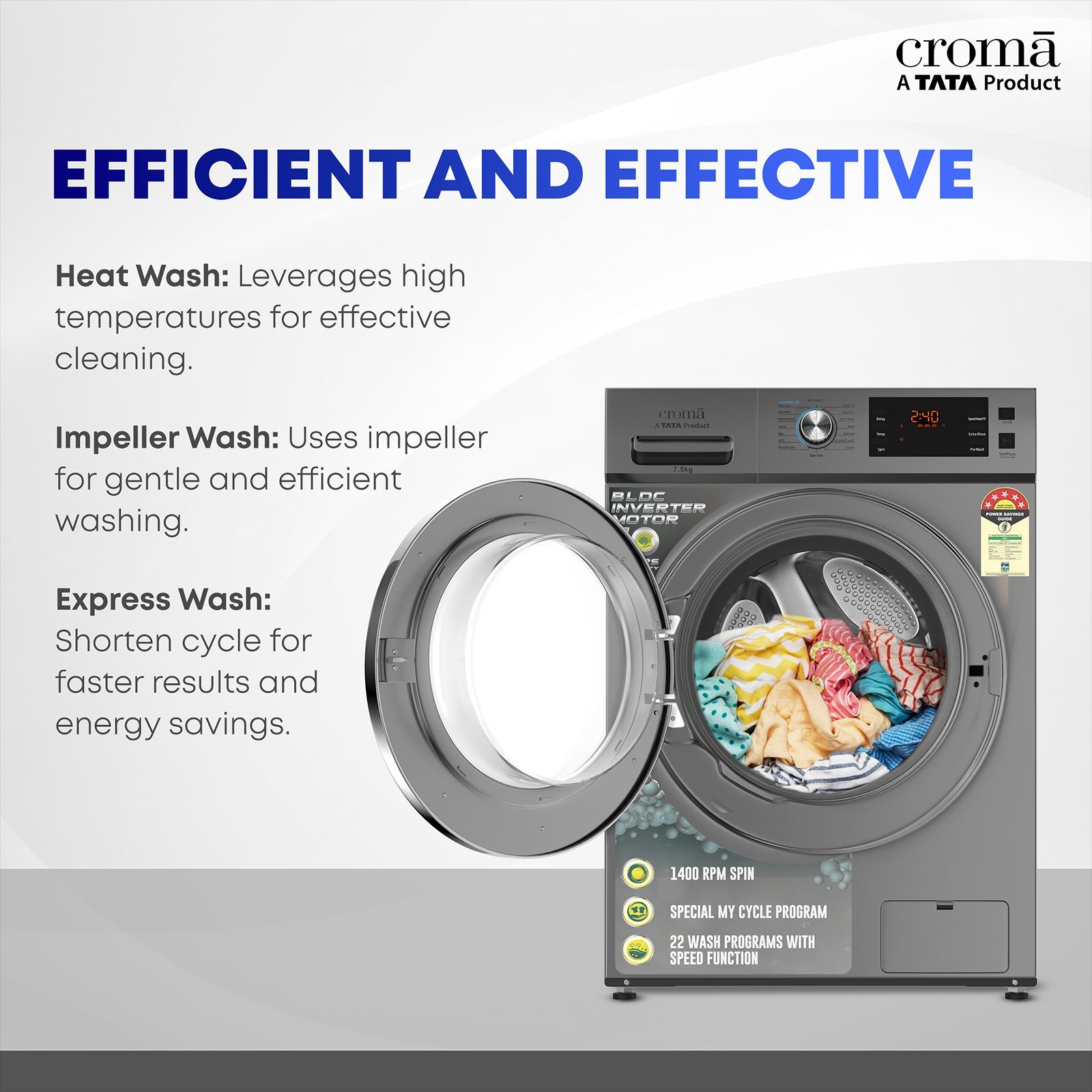 Croma 7.5 kg 5 Star Fully Automatic Front Load Washing Machine (CRLWFL0755W7903, Invertor Motor Technology, Silver Grey) Croma 7.5 kg 5 Star Fully Automatic Front Load Washing Machine (CRLWFL0755W7903, Invertor Motor Technology, Silver Grey)_12