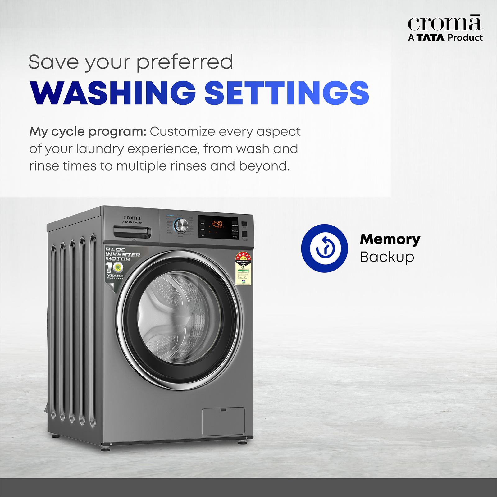 Croma 7.5 kg 5 Star Fully Automatic Front Load Washing Machine (CRLWFL0755W7903, Invertor Motor Technology, Silver Grey) Croma 7.5 kg 5 Star Fully Automatic Front Load Washing Machine (CRLWFL0755W7903, Invertor Motor Technology, Silver Grey)_13