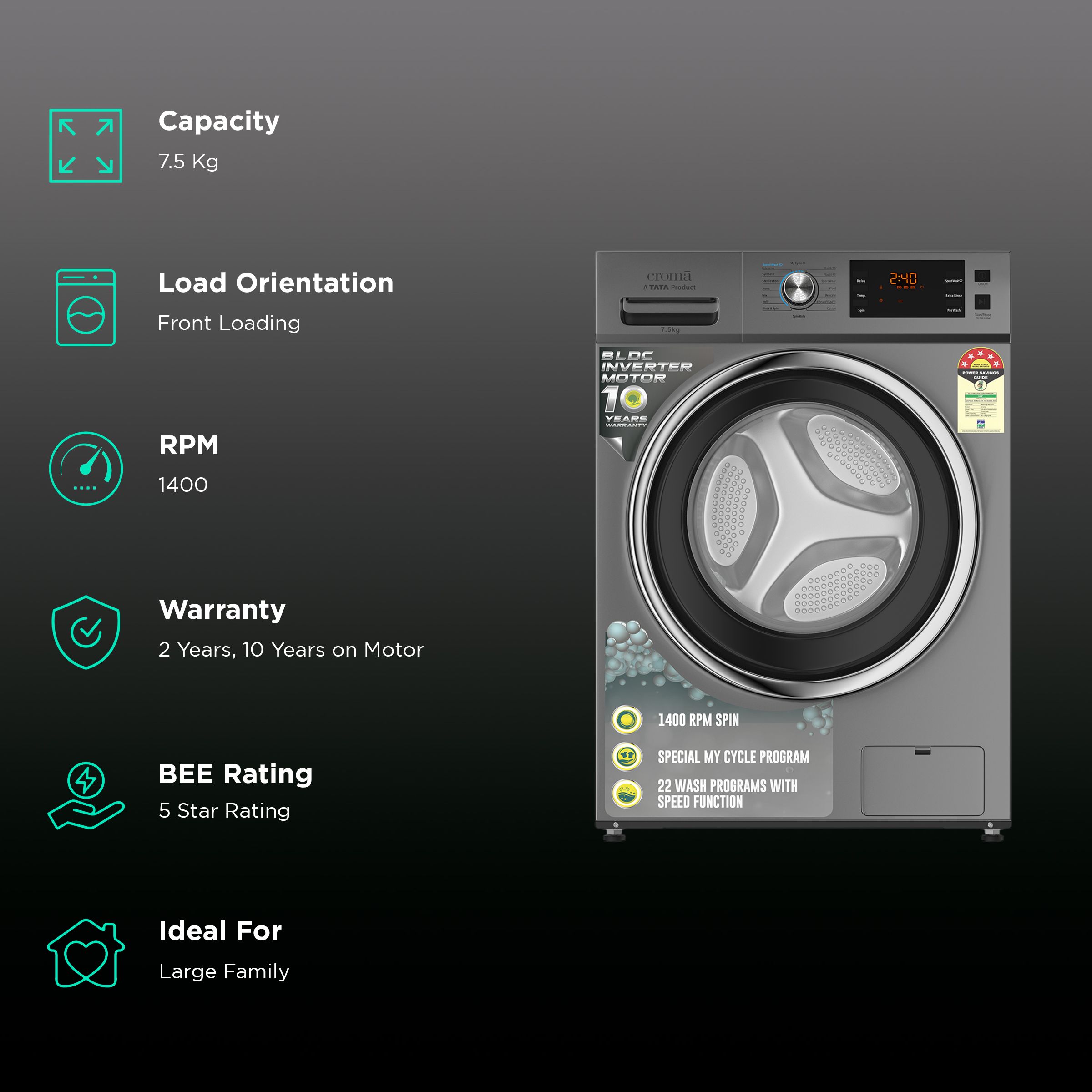 Croma 7.5 kg 5 Star Fully Automatic Front Load Washing Machine (CRLWFL0755W7903, Invertor Motor Technology, Silver Grey) Croma 7.5 kg 5 Star Fully Automatic Front Load Washing Machine (CRLWFL0755W7903, Invertor Motor Technology, Silver Grey)_2