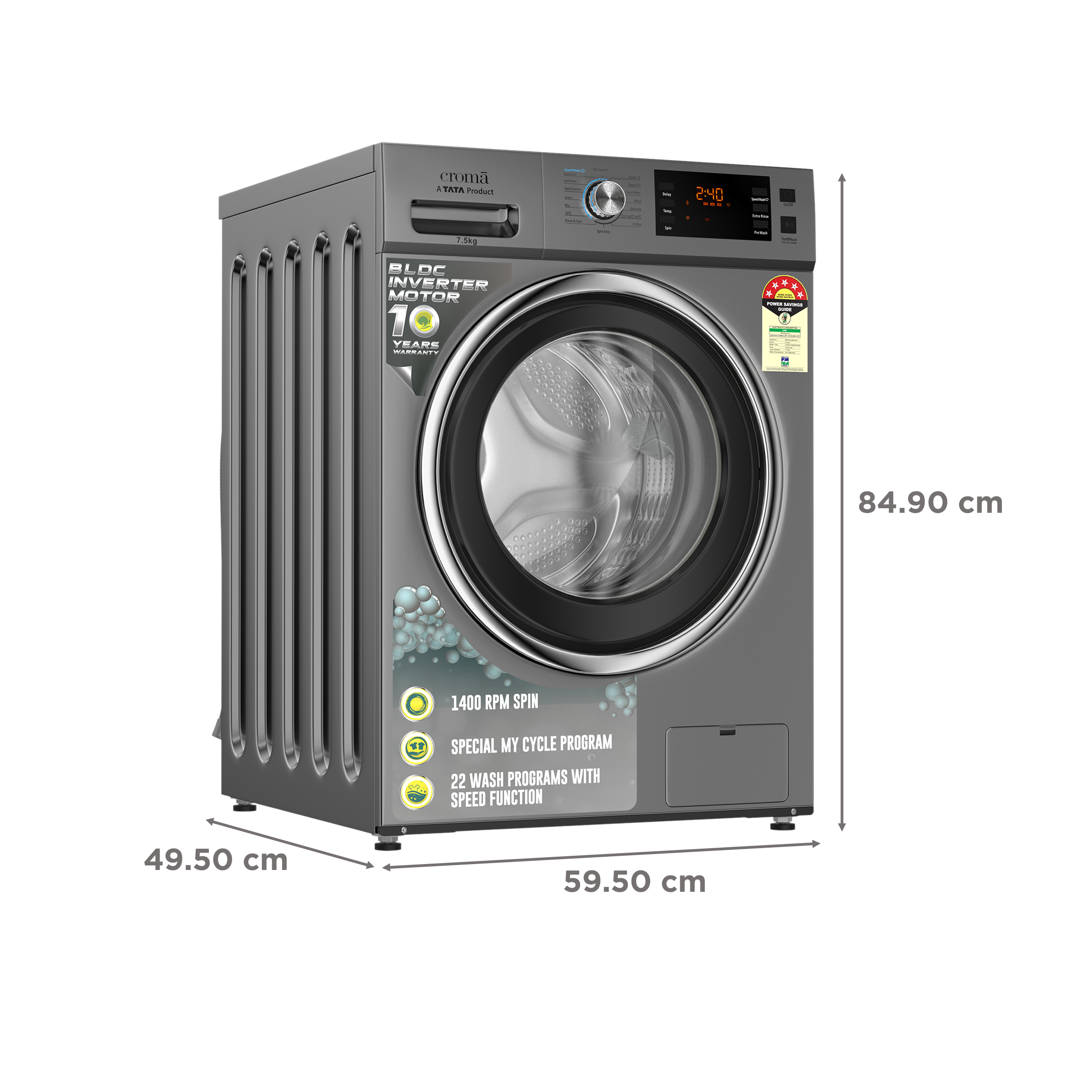 Croma 7.5 kg 5 Star Fully Automatic Front Load Washing Machine (CRLWFL0755W7903, Invertor Motor Technology, Silver Grey) Croma 7.5 kg 5 Star Fully Automatic Front Load Washing Machine (CRLWFL0755W7903, Invertor Motor Technology, Silver Grey)_3