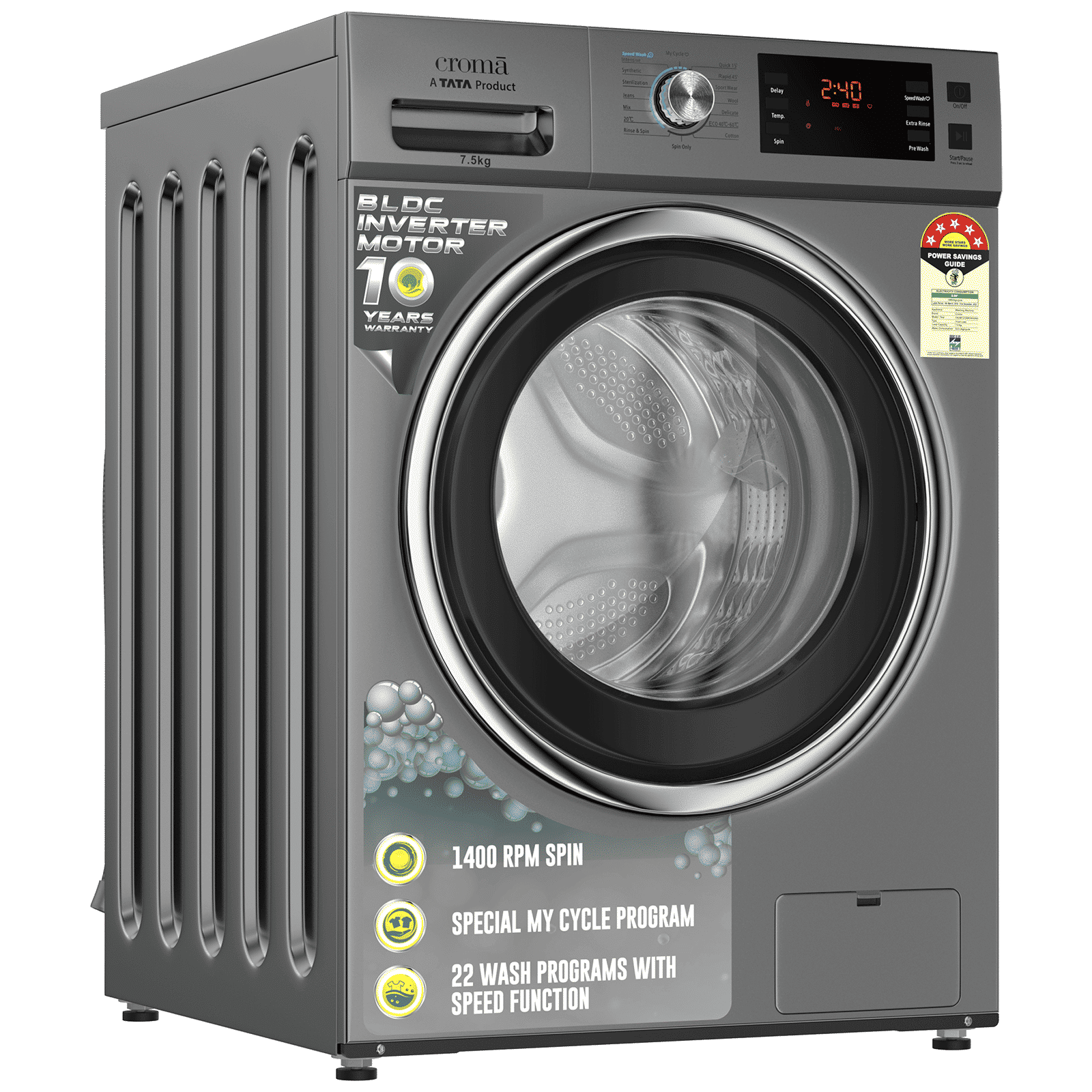 Croma 7.5 kg 5 Star Fully Automatic Front Load Washing Machine (CRLWFL0755W7903, Invertor Motor Technology, Silver Grey) Croma 7.5 kg 5 Star Fully Automatic Front Load Washing Machine (CRLWFL0755W7903, Invertor Motor Technology, Silver Grey)_4