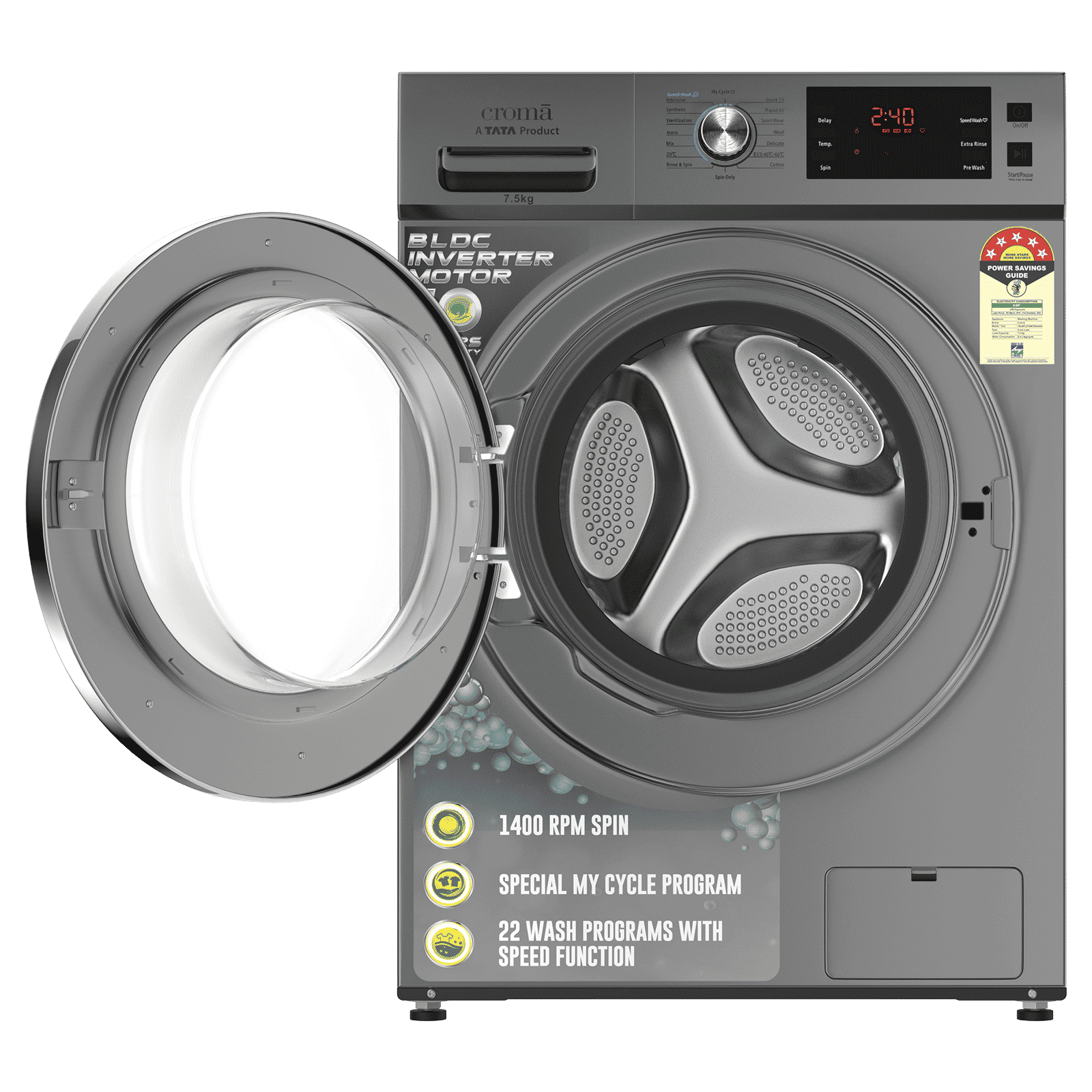 Croma 7.5 kg 5 Star Fully Automatic Front Load Washing Machine (CRLWFL0755W7903, Invertor Motor Technology, Silver Grey) Croma 7.5 kg 5 Star Fully Automatic Front Load Washing Machine (CRLWFL0755W7903, Invertor Motor Technology, Silver Grey)_5