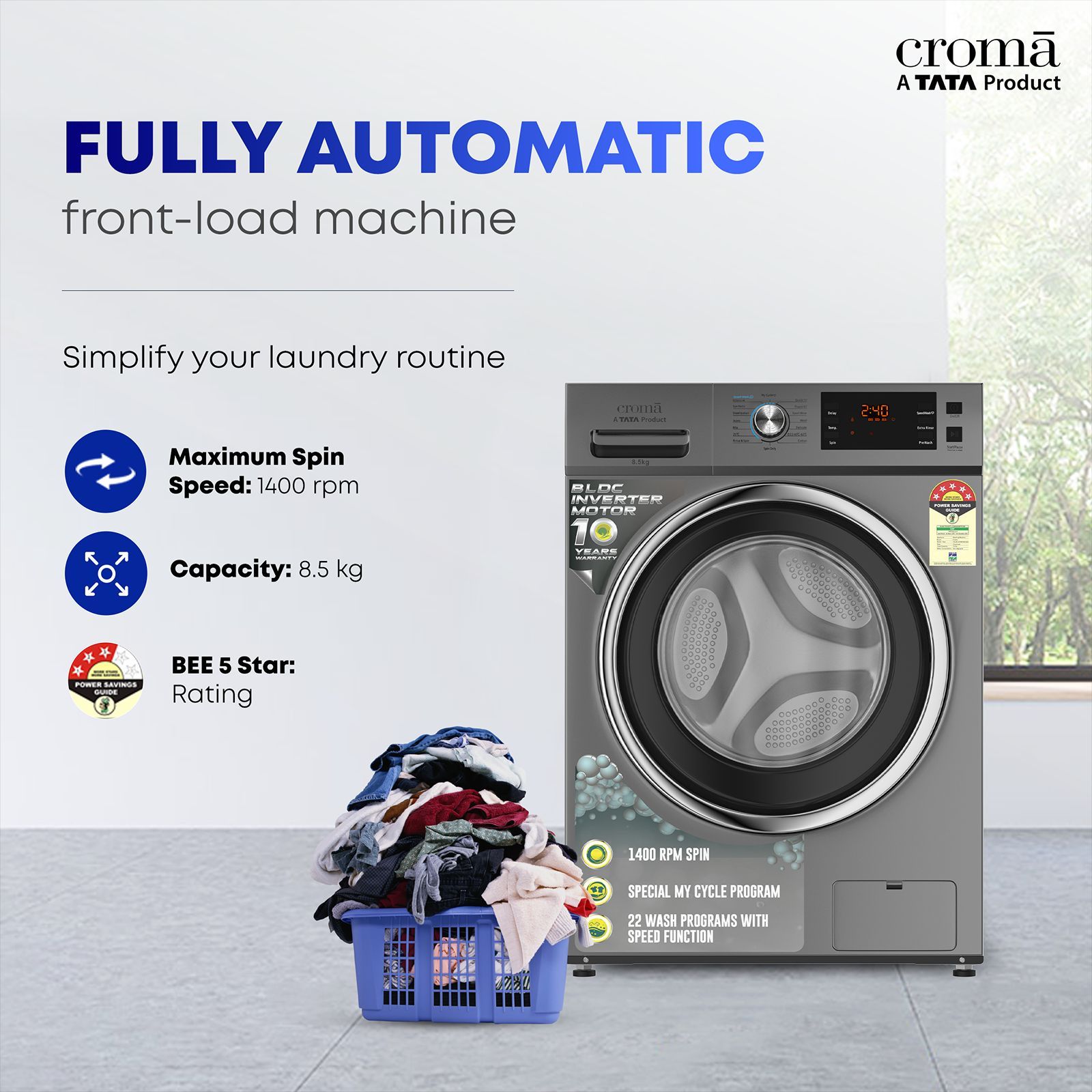 Croma 8.5 kg 5 Star Fully Automatic Front Load Washing Machine (CRLWFL0855W7904, BLDC Invertor Motor, Silver Grey) Croma 8.5 kg 5 Star Fully Automatic Front Load Washing Machine (CRLWFL0855W7904, BLDC Invertor Motor, Silver Grey)_10