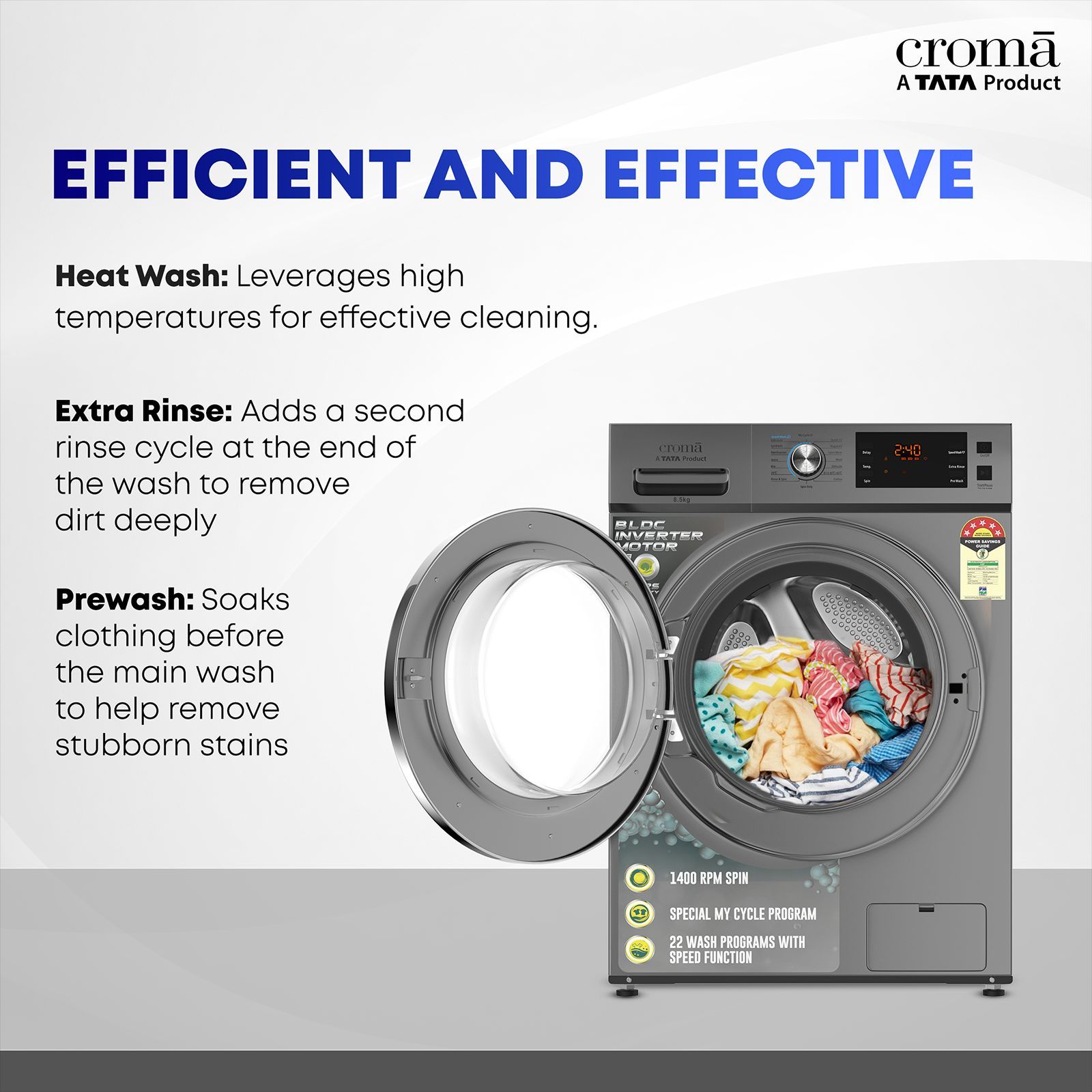 Croma 8.5 kg 5 Star Fully Automatic Front Load Washing Machine (CRLWFL0855W7904, BLDC Invertor Motor, Silver Grey) Croma 8.5 kg 5 Star Fully Automatic Front Load Washing Machine (CRLWFL0855W7904, BLDC Invertor Motor, Silver Grey)_13