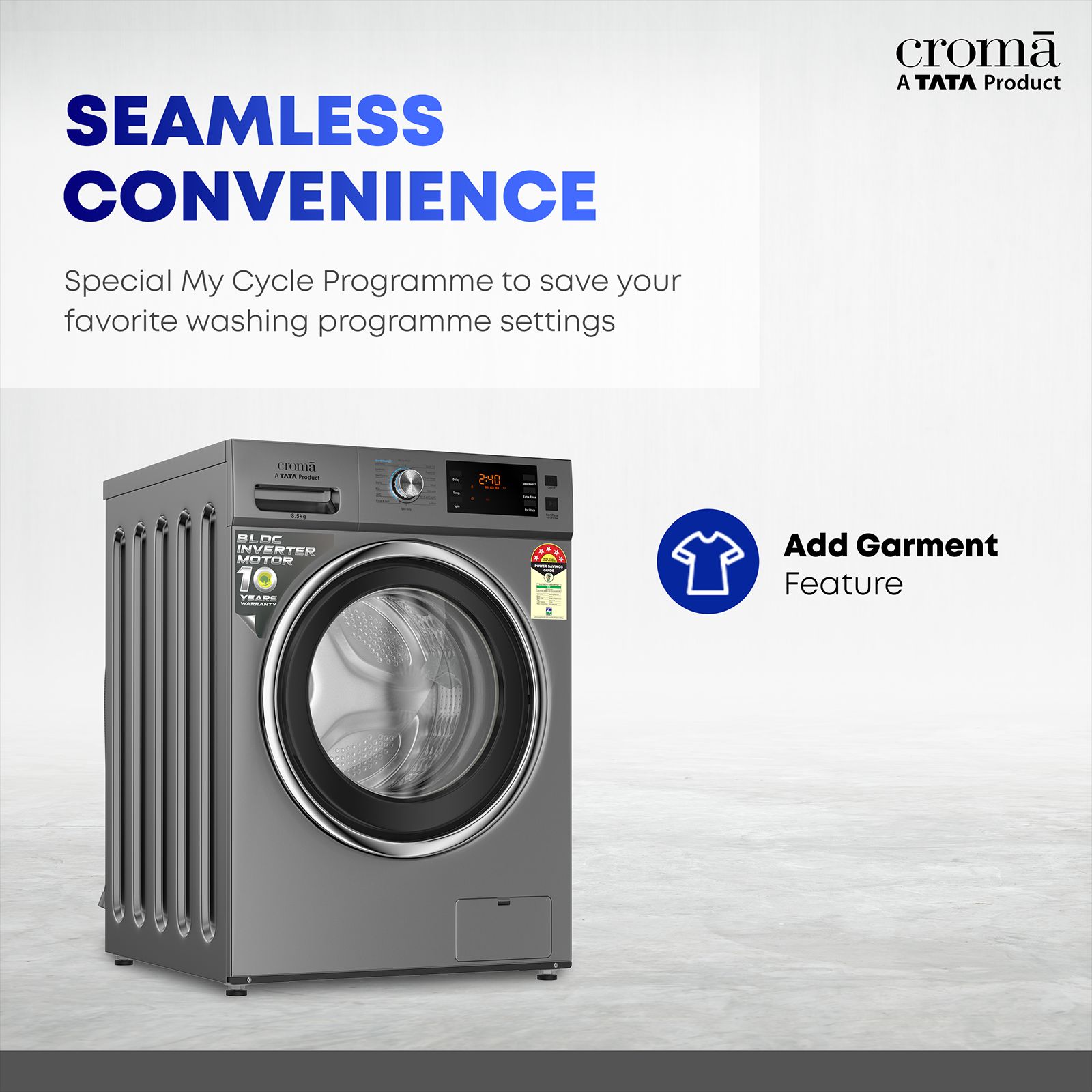 Croma 8.5 kg 5 Star Fully Automatic Front Load Washing Machine (CRLWFL0855W7904, BLDC Invertor Motor, Silver Grey) Croma 8.5 kg 5 Star Fully Automatic Front Load Washing Machine (CRLWFL0855W7904, BLDC Invertor Motor, Silver Grey)_14