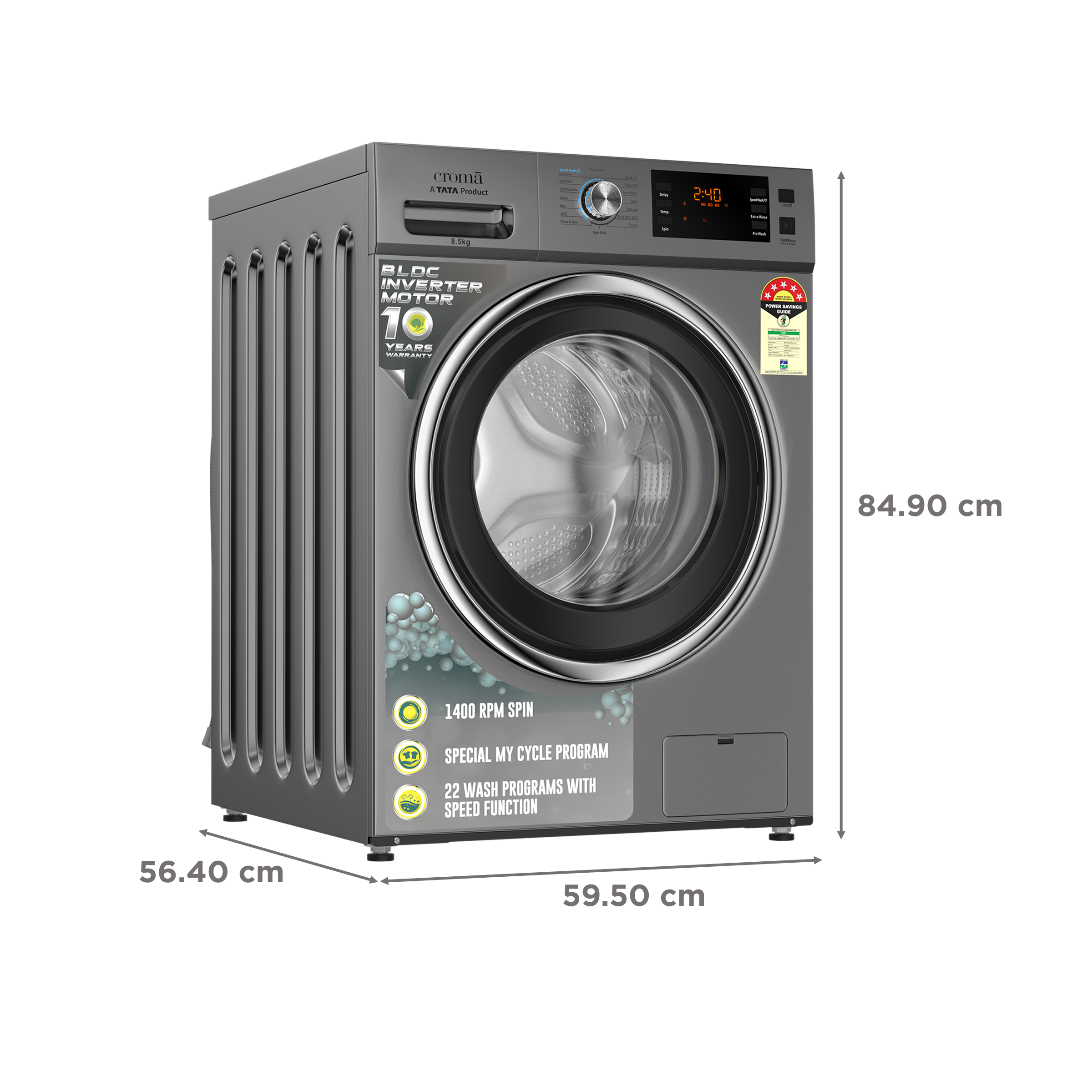 Croma 8.5 kg 5 Star Fully Automatic Front Load Washing Machine (CRLWFL0855W7904, BLDC Invertor Motor, Silver Grey) Croma 8.5 kg 5 Star Fully Automatic Front Load Washing Machine (CRLWFL0855W7904, BLDC Invertor Motor, Silver Grey)_3