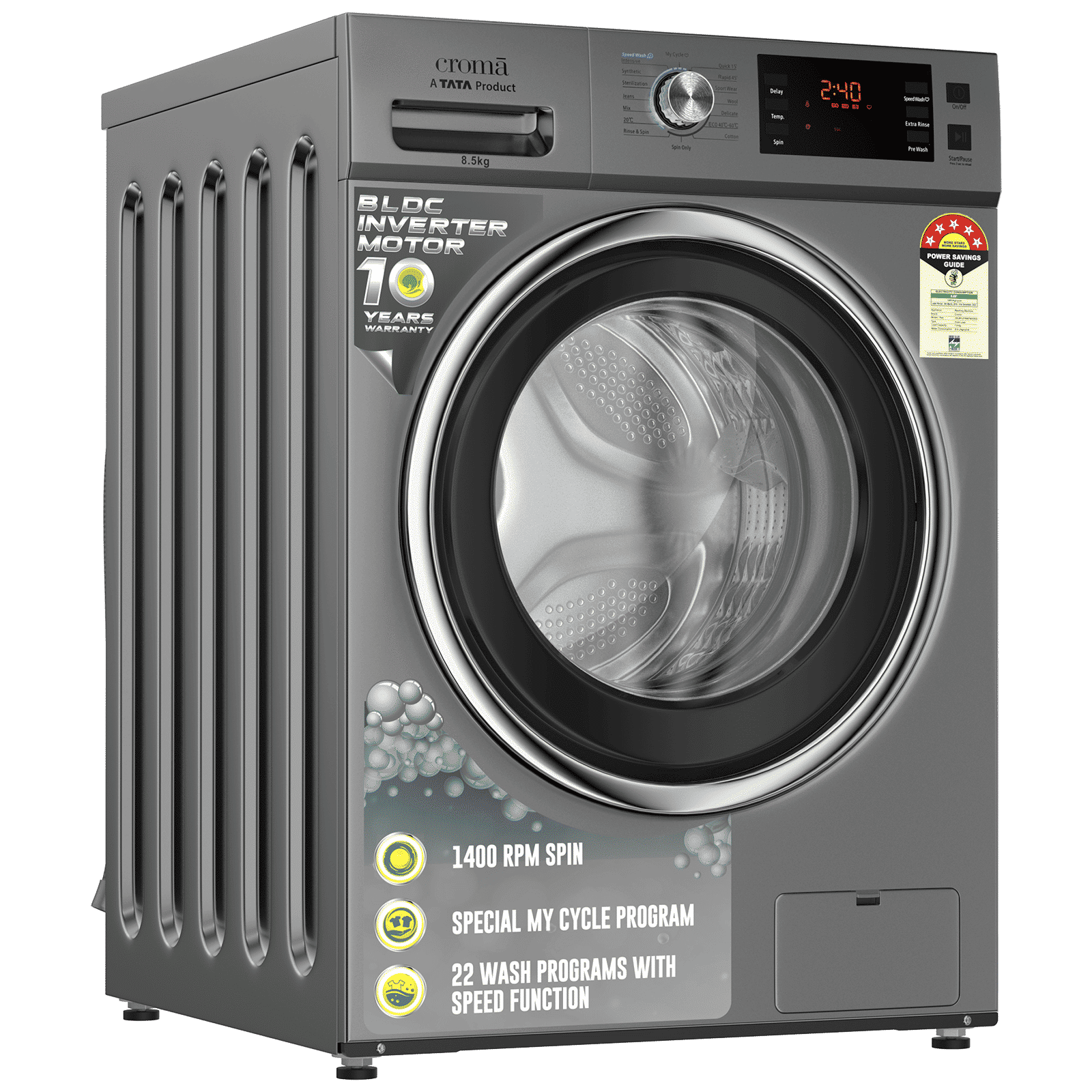 Croma 8.5 kg 5 Star Fully Automatic Front Load Washing Machine (CRLWFL0855W7904, BLDC Invertor Motor, Silver Grey) Croma 8.5 kg 5 Star Fully Automatic Front Load Washing Machine (CRLWFL0855W7904, BLDC Invertor Motor, Silver Grey)_4