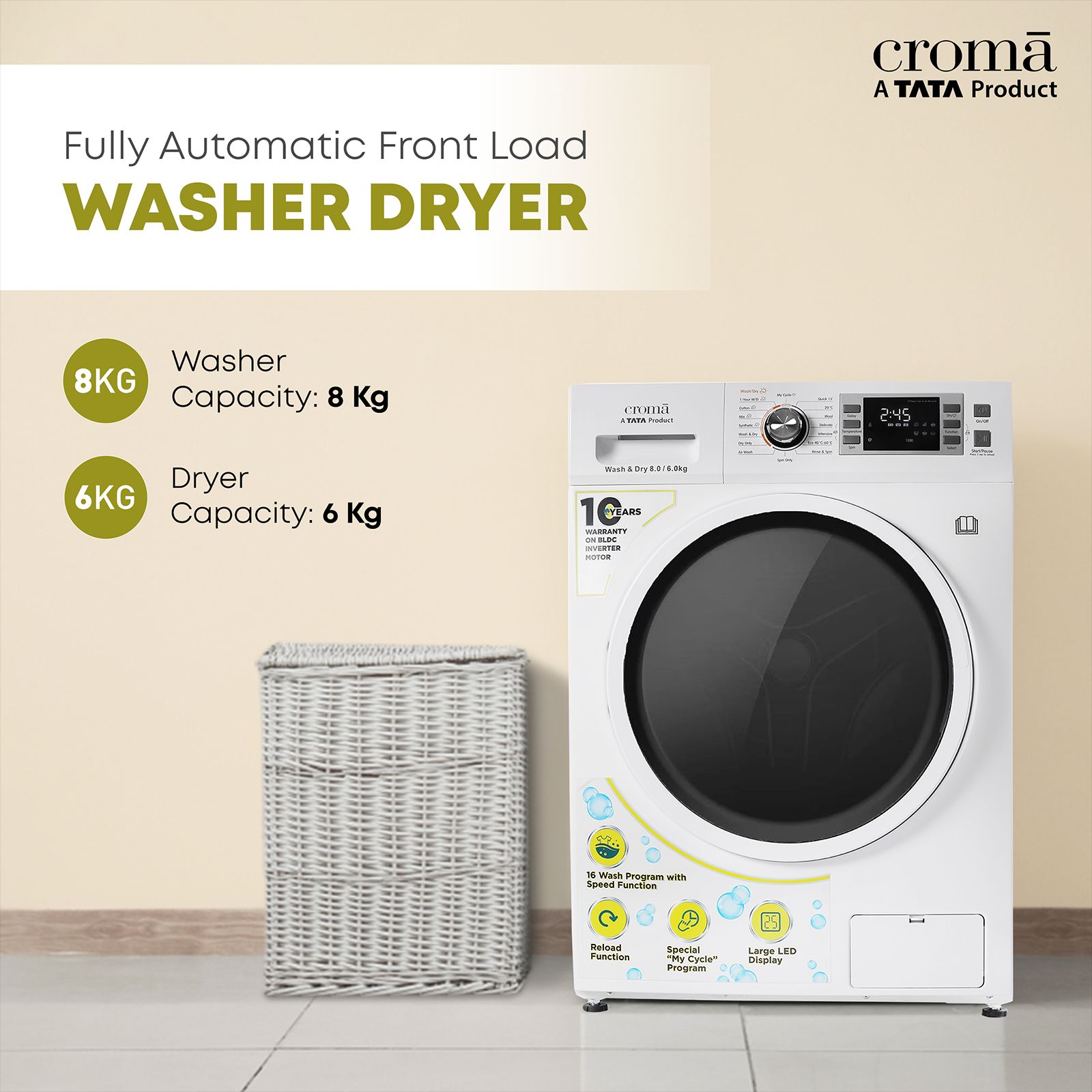 Croma 8/6 kg Fully Automatic Front Load Washer Dryer Combo ( Built-In Heater, White) Croma 8/6 kg Fully Automatic Front Load Washer Dryer Combo ( Built-In Heater, White)_8